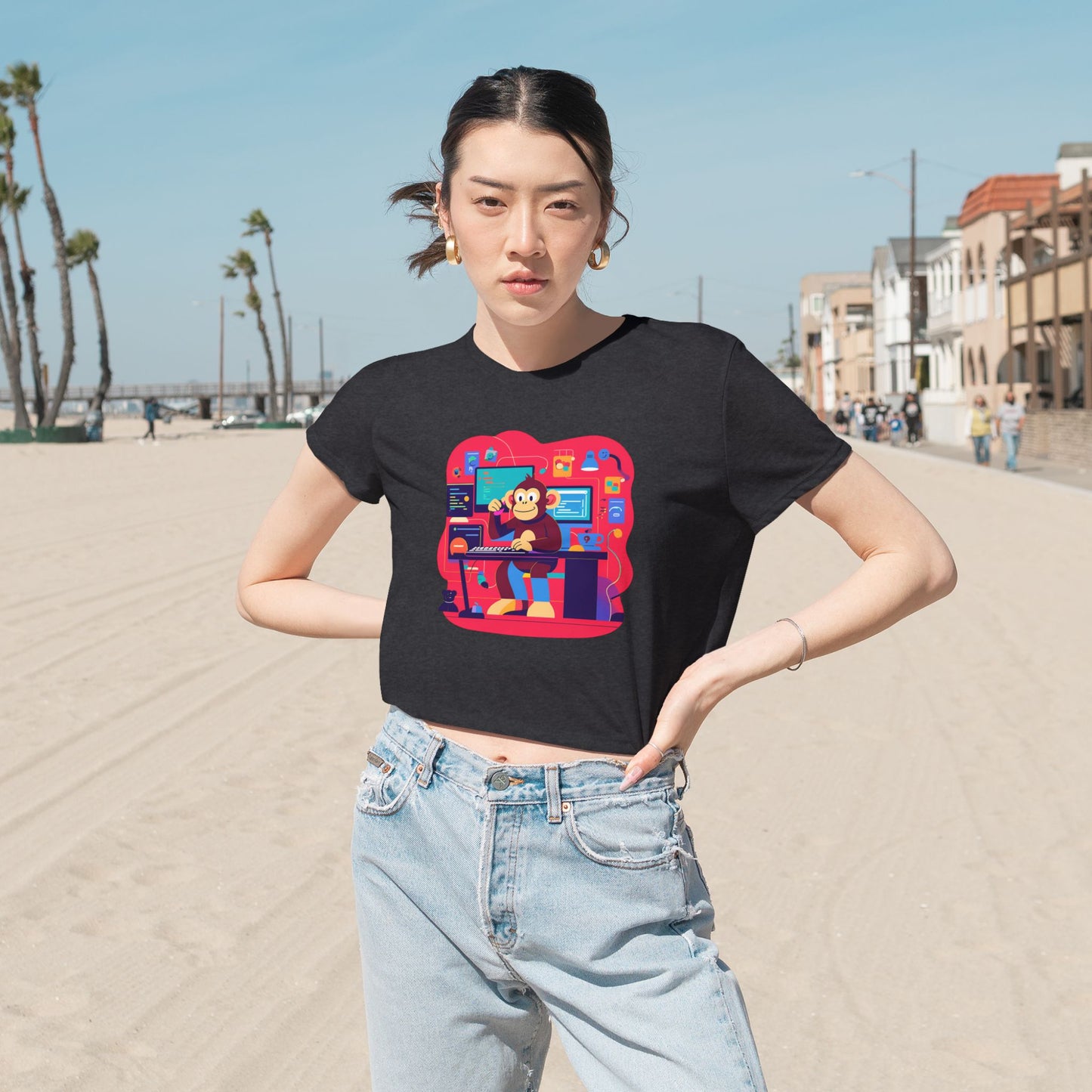 Retro Gamer Women's Flowy Cropped Tee, Cute Graphic Tee, Casual Wear, Gift for Gamers, Fun Summer Top, Kids Birthday Present