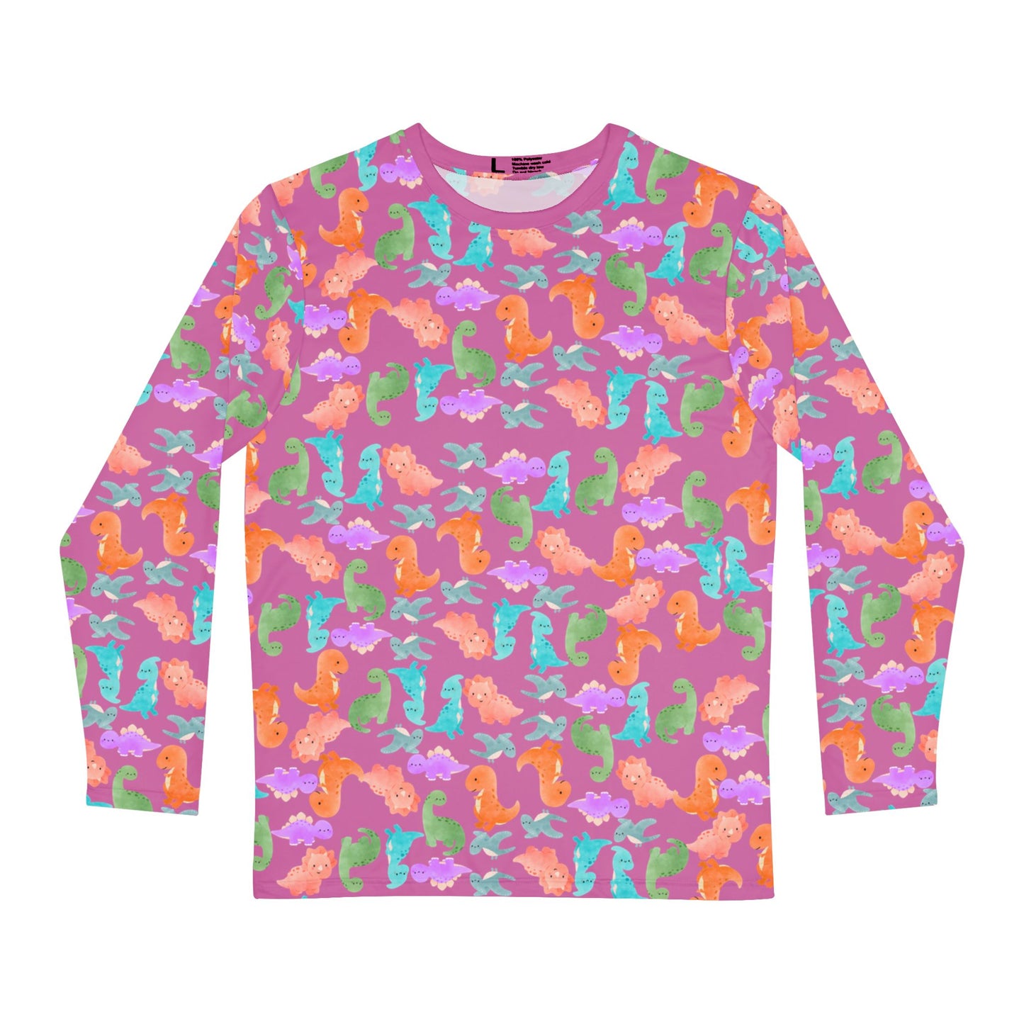 Cute Dino Print Mens Long Sleeve Shirt AOP Tee Tropical Beachwear Gift for Sea Lovers Summer Shirts for Men Rainbow Dinos Light Pink