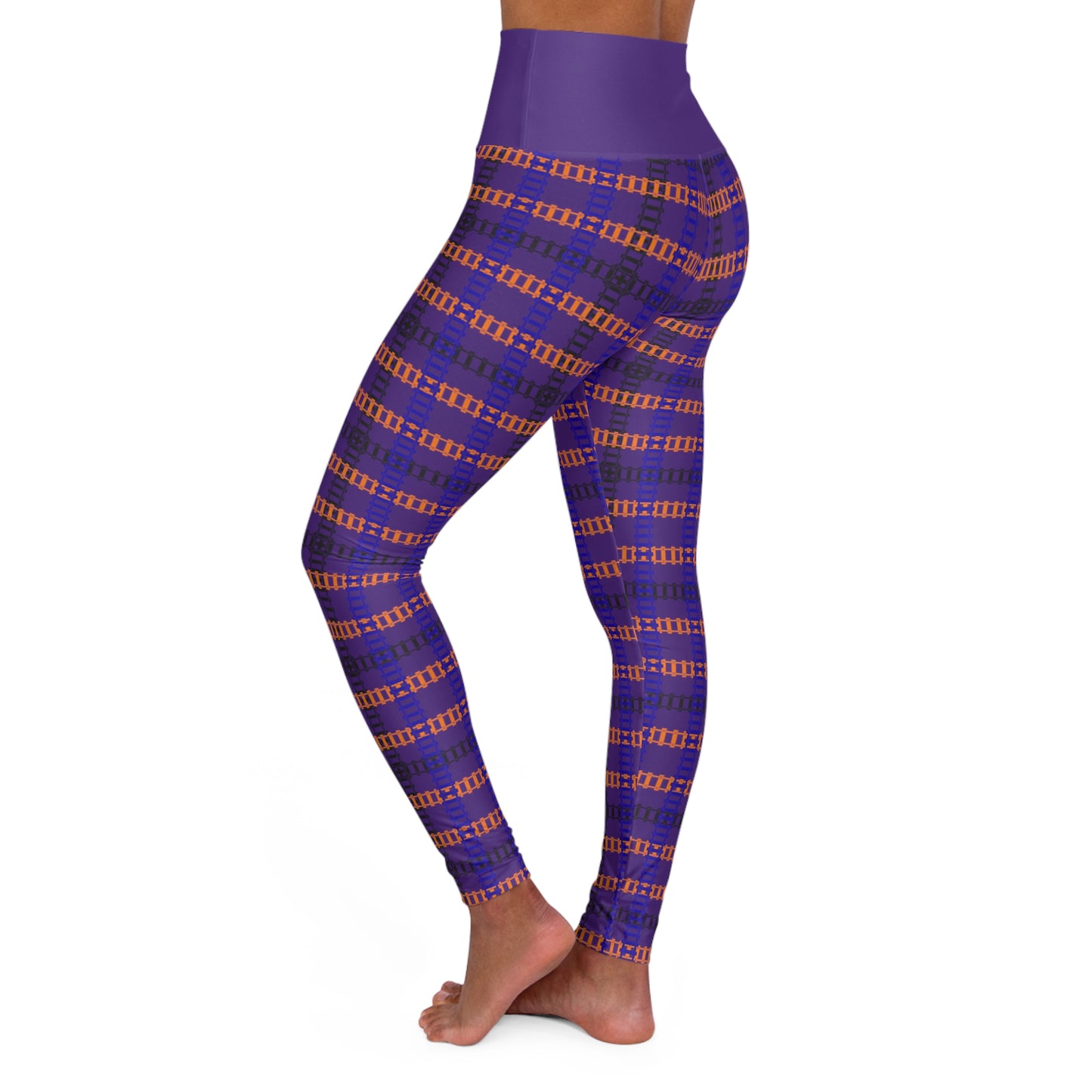 Comfortable High Waisted Yoga Leggings Stylish Activewear Yoga Pants Fitness Apparel Workout leggings Gym Clothes Train Tracks Purple