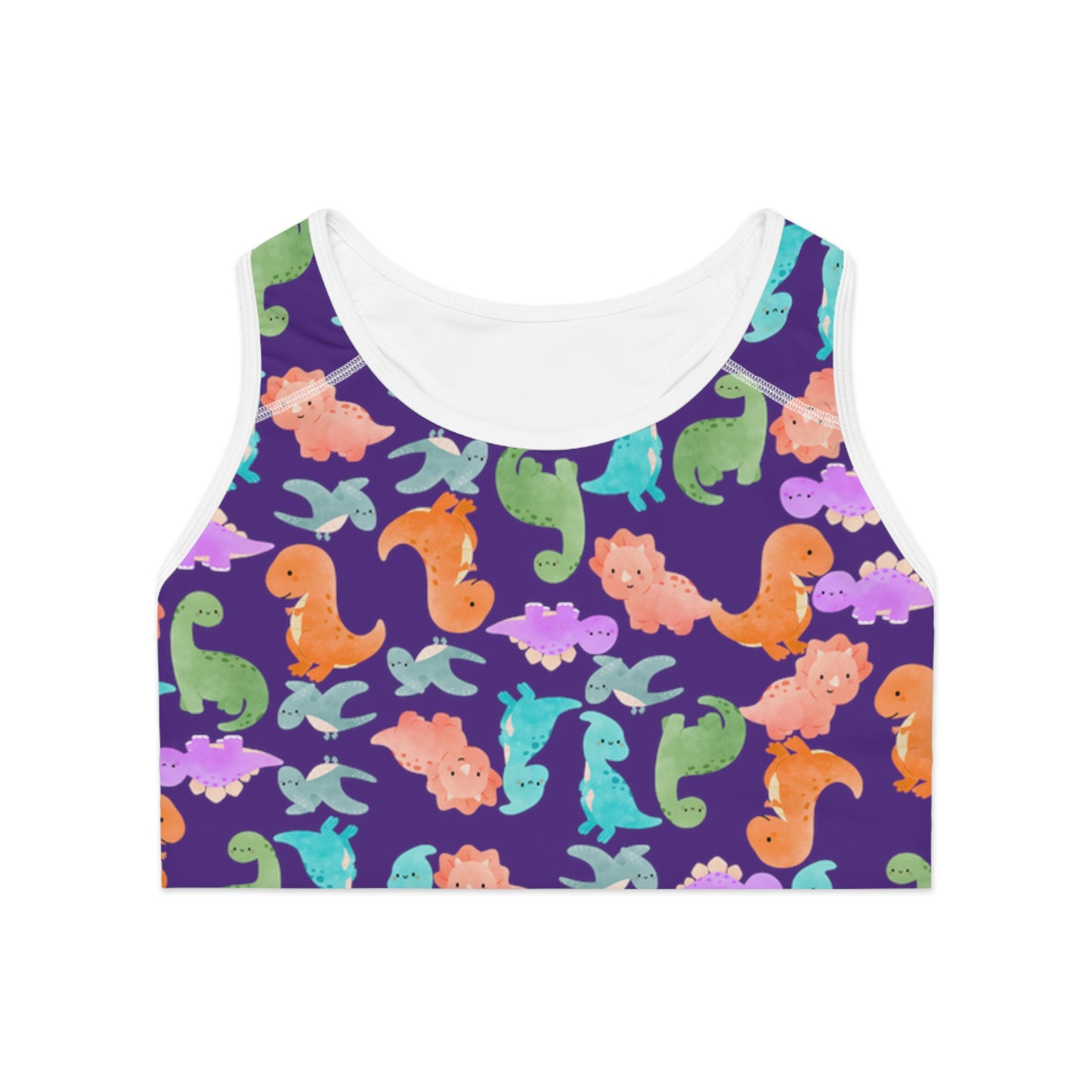 Colorful Dinosaur Print Sports Bra Cute Activewear Gym Top Fitness Wear Gifts for Her Workout Clothing Rainbow Dinos Purple