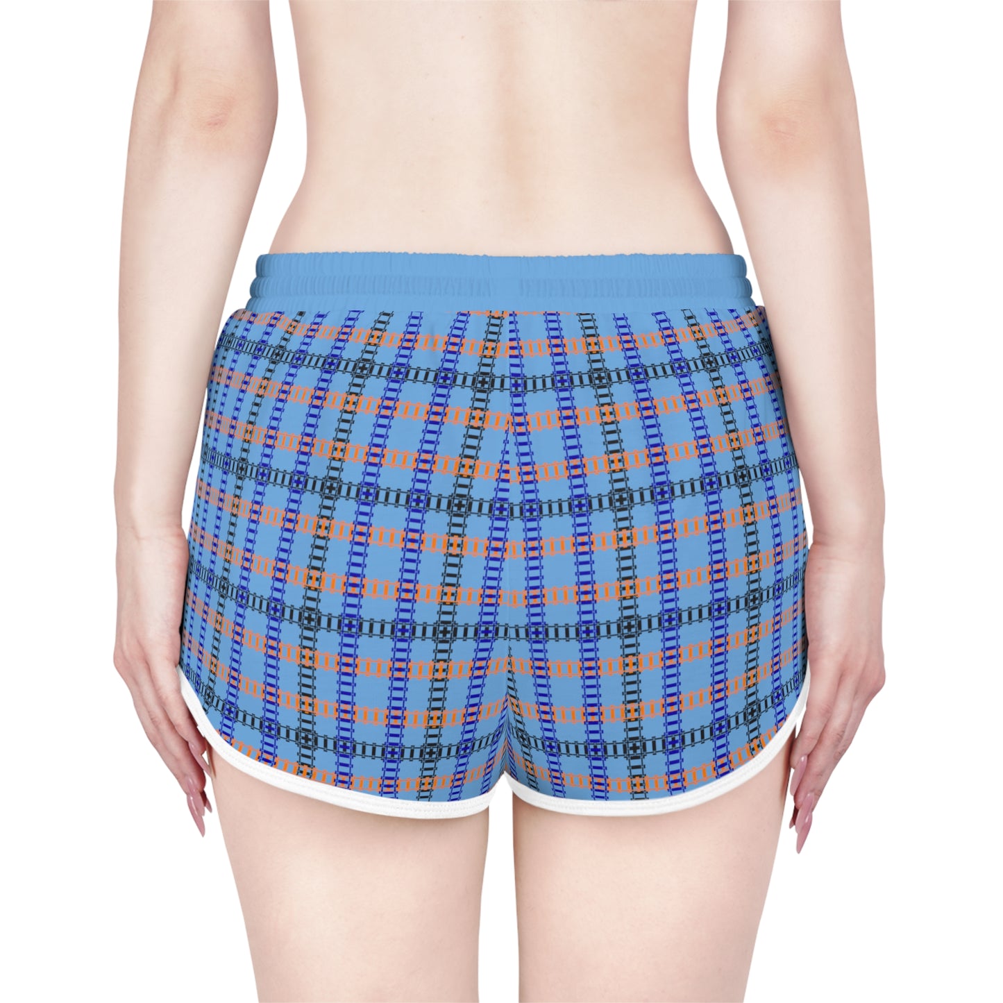 Cozy Casual Womens Shorts Perfect for Summer Days Lounging Beach or Sleepwear AOP Plaid Design Train Tracks Light Blue