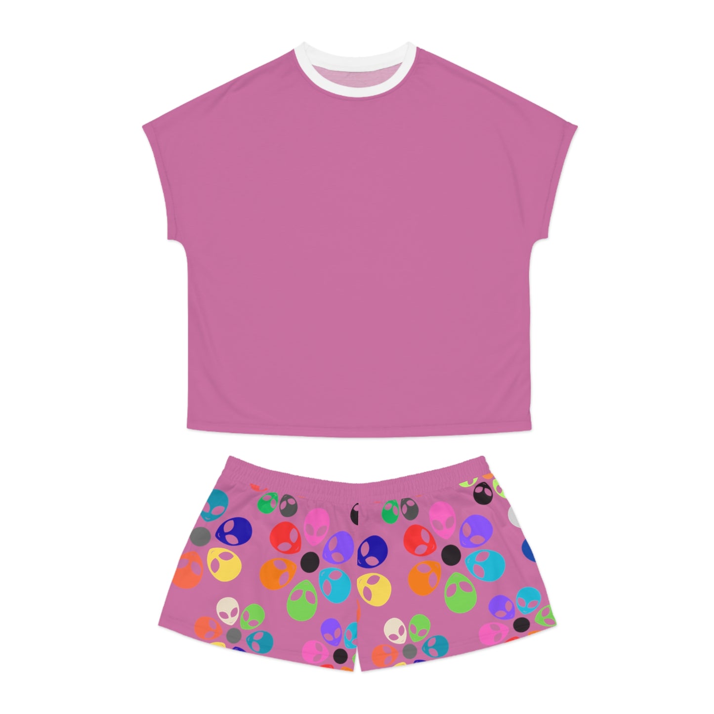 Colorful Alien Print Womens Pajama Set Fun Sleepwear for Teens Relaxing Nightwear Unique Gift for Space Lovers Cute Loungewear Alien Rainbow Flowers Light Pink