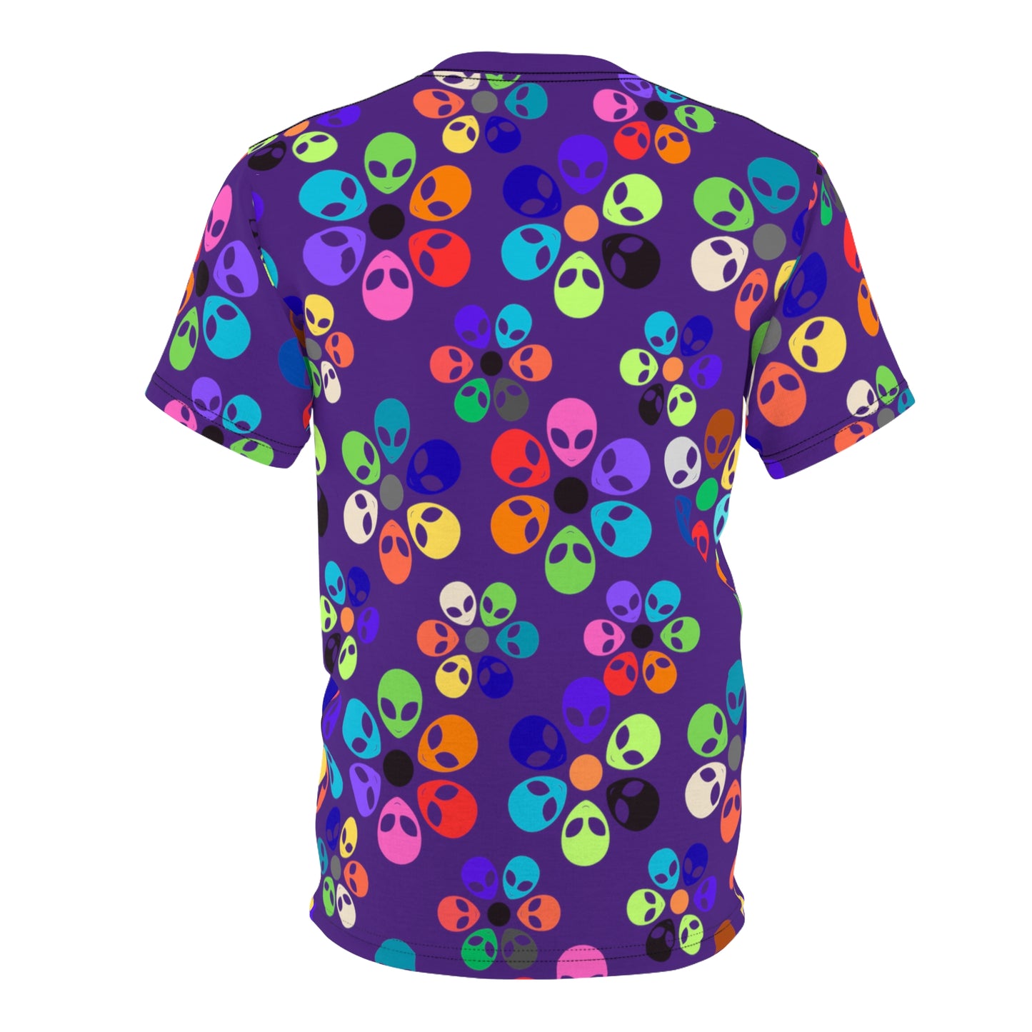 Colorful Alien Print Unisex TShirt Fun Graphic Tee Quirky Fashion Wear Gift for SciFi Lovers Trendy Casual Style Summer Apparel Alien Rainbow Flowers Purple
