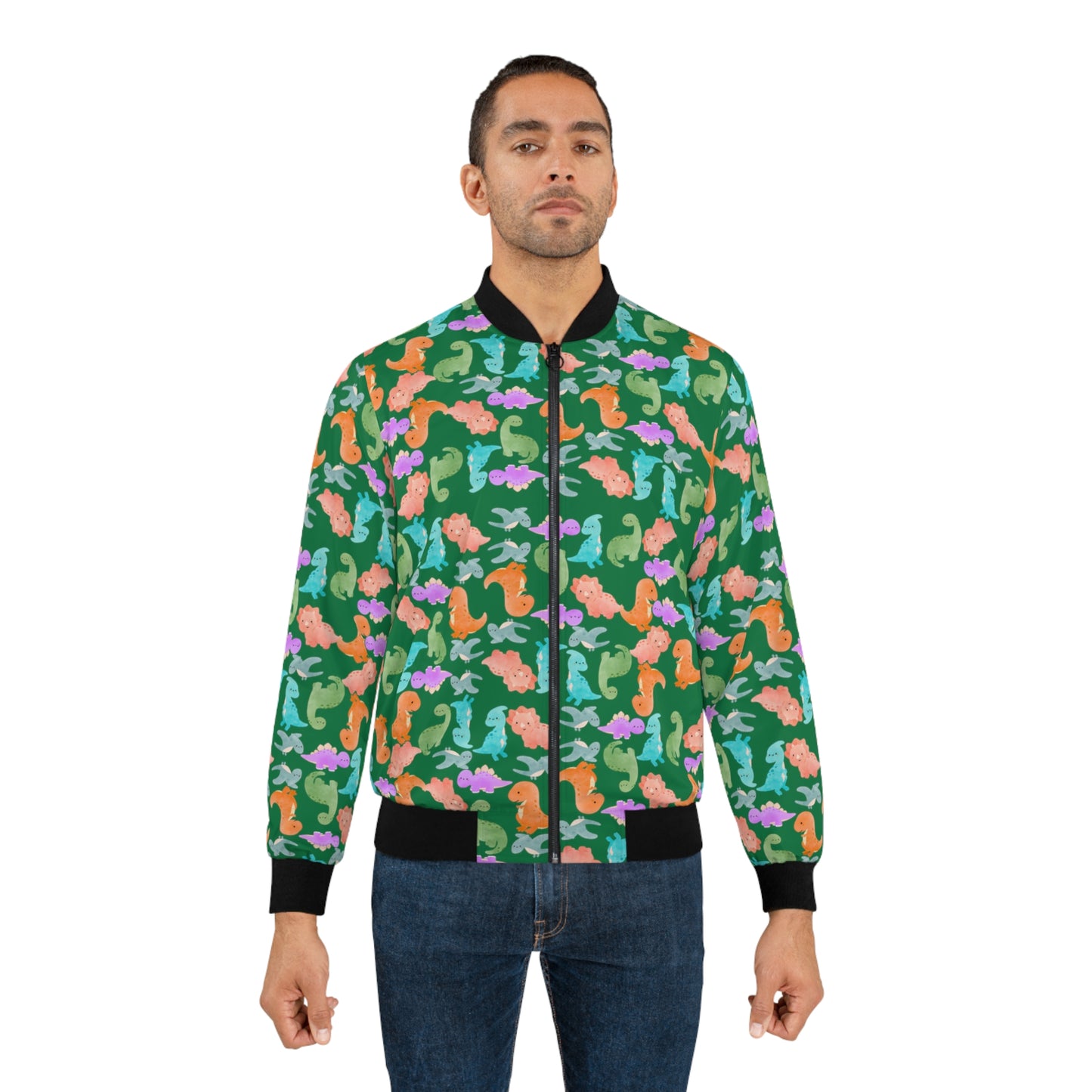 Colorful Dinosaur Mens Bomber Jacket Trendy Outerwear for Casual Outings Unique Gift for Dinosaur Lovers Festival Style Rainbow Dinos Dark Green