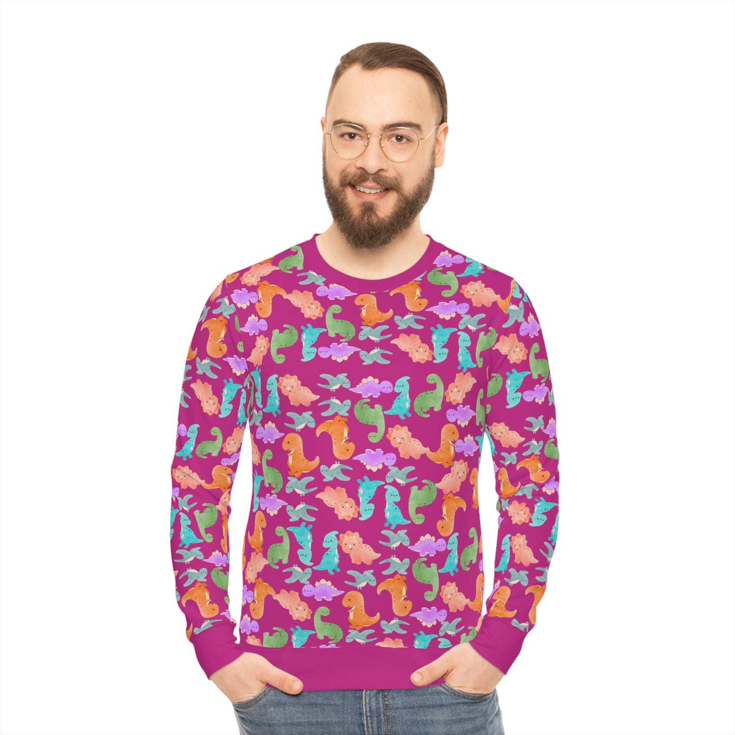 Colorful Dino Lightweight Sweatshirt | Cozy Gift for Ocean Lovers | Perfect for Casual Wear Beach Days Summer Parties Travel Rainbow Dinos Pink