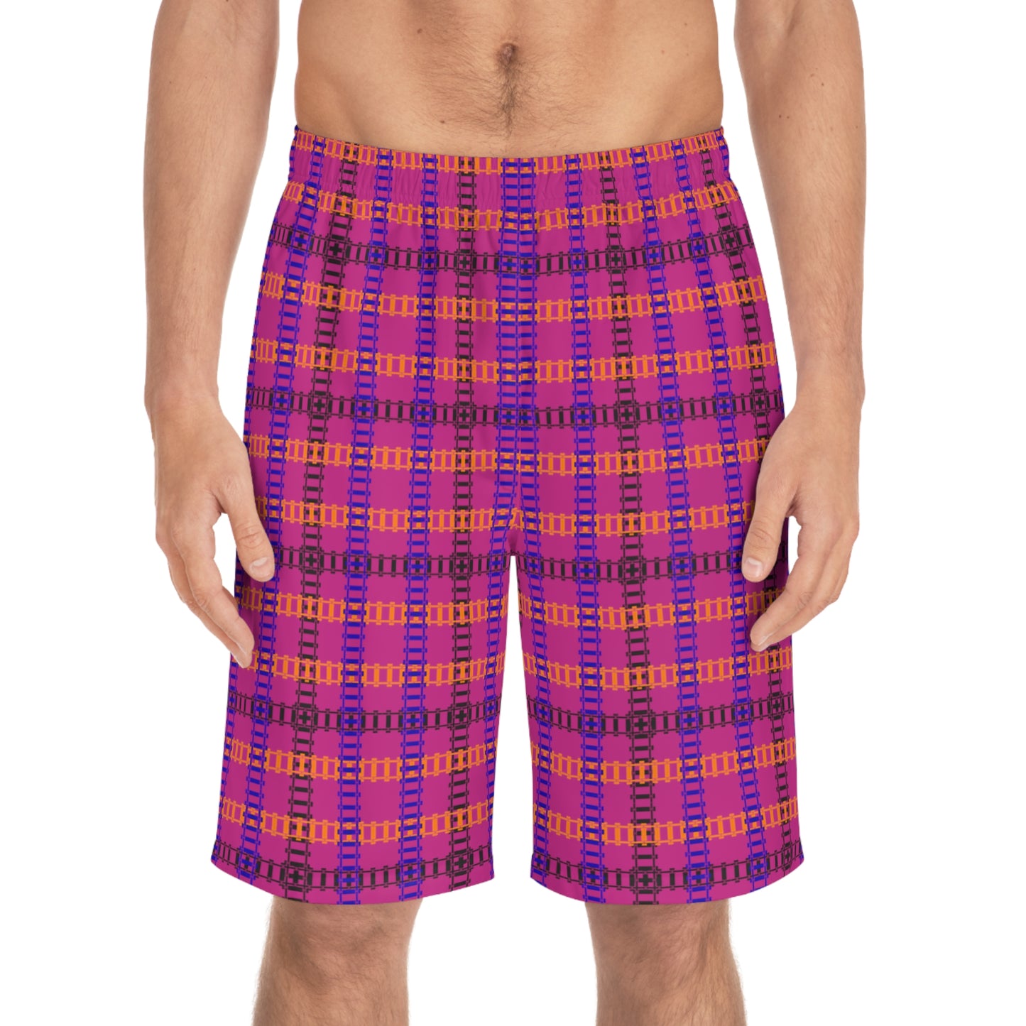 Vibrant Mens Board Shorts Perfect for Summer Beach Days and Pool Parties | Stylish Swimwear Train Tracks Pink