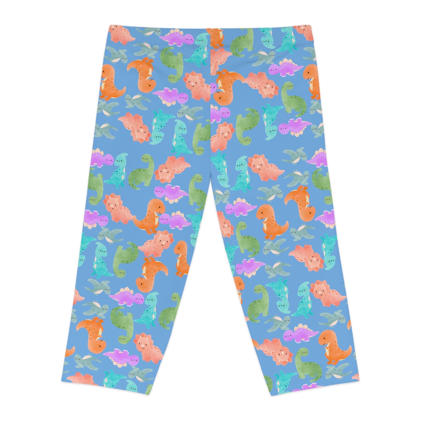 Playful Dino Print Womens Capri Leggings Cute Stretchy Pants for Yoga Casual Outfits Loungewear Gift for Her Rainbow Dinos Light Blue