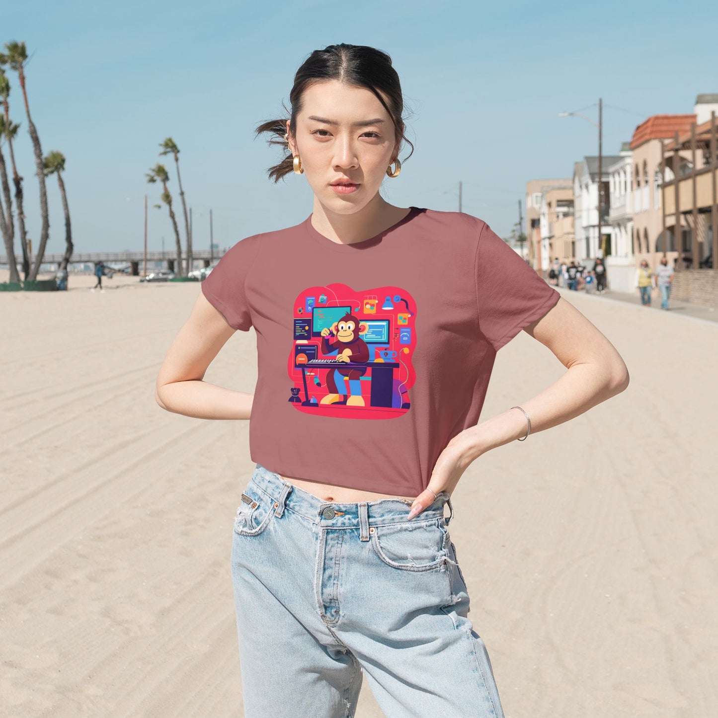 Retro Gamer Women's Flowy Cropped Tee, Cute Graphic Tee, Casual Wear, Gift for Gamers, Fun Summer Top, Kids Birthday Present