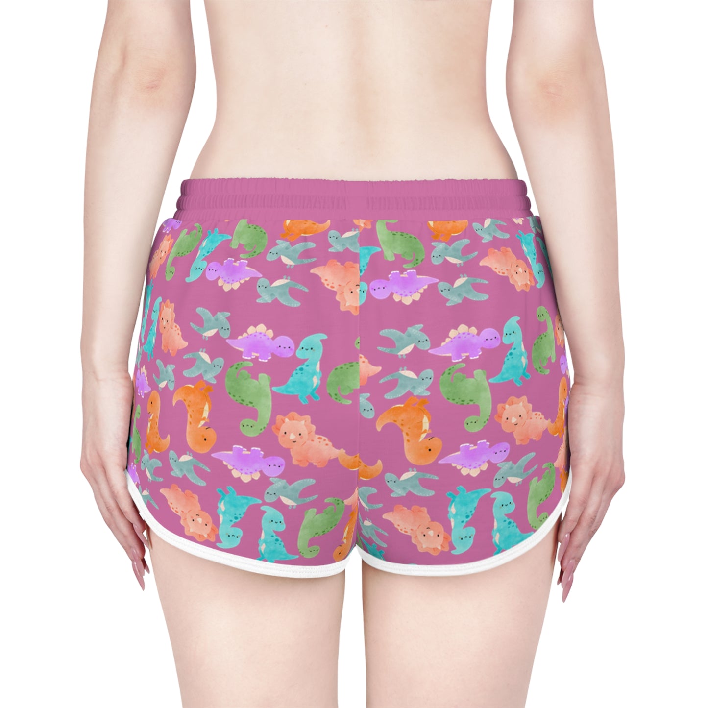 Colorful Dino Print Womens Relaxed Shorts Perfect for Summer Beachwear Loungewear Gift for Her Casual Style Rainbow Dinos Light Pink