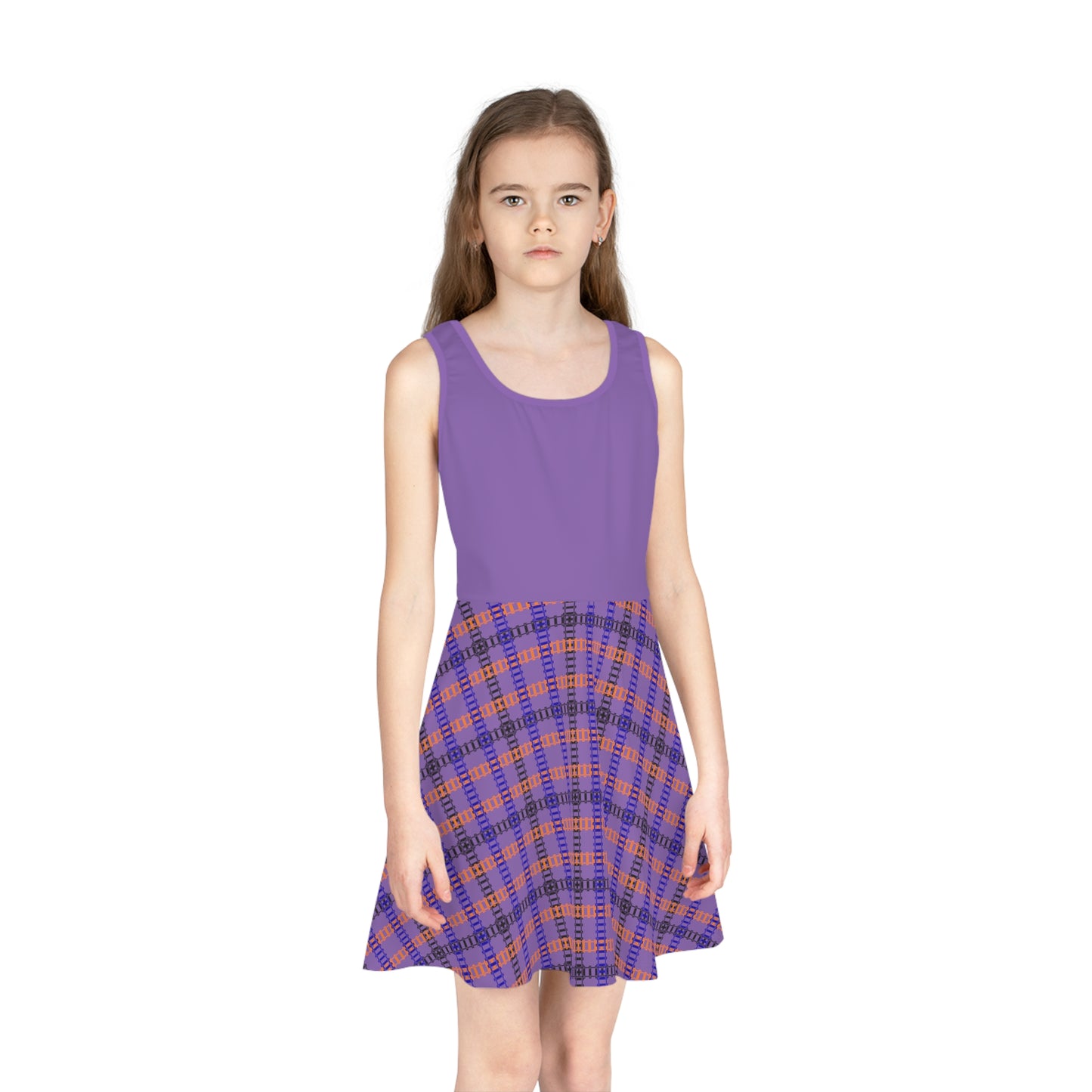 Girls Sleeveless Sundress with Playful Plaid Design Summer Dress Birthday Gift Everyday Wear Playdate Outfit Kids Fashion Train Tracks Light Purple
