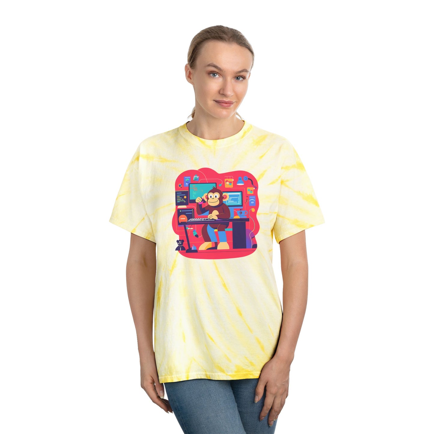 Cheerful Tie-Dye Tee, Cyclone Monkey Graphic, Casual Summer Shirt, Fun Gift for Gamers, Bright Festival Wear, Artistic Streetwear