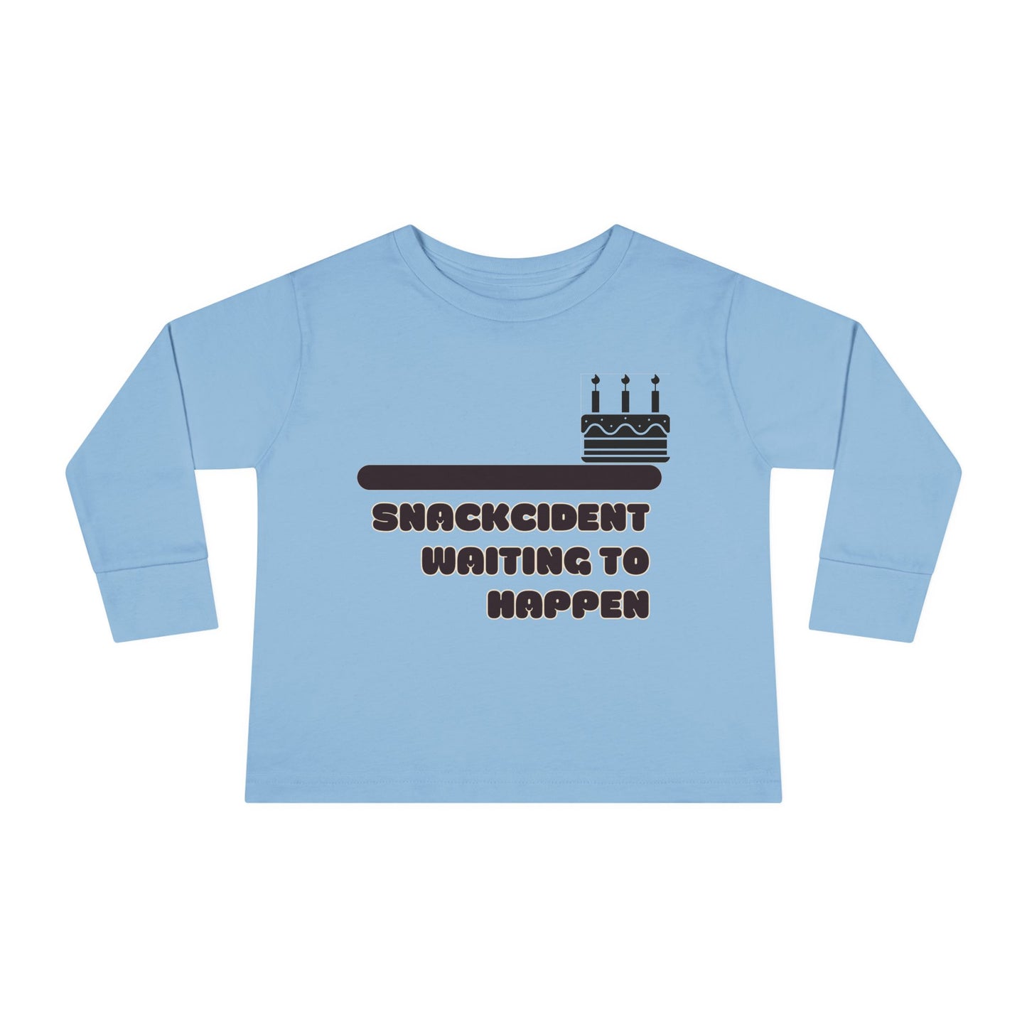 Snackcident Waiting to Happen Toddler Long Sleeve Tee | Cute Kids Shirt | Fun Gift for Birthdays, Playdates, Parties, Food Lovers
