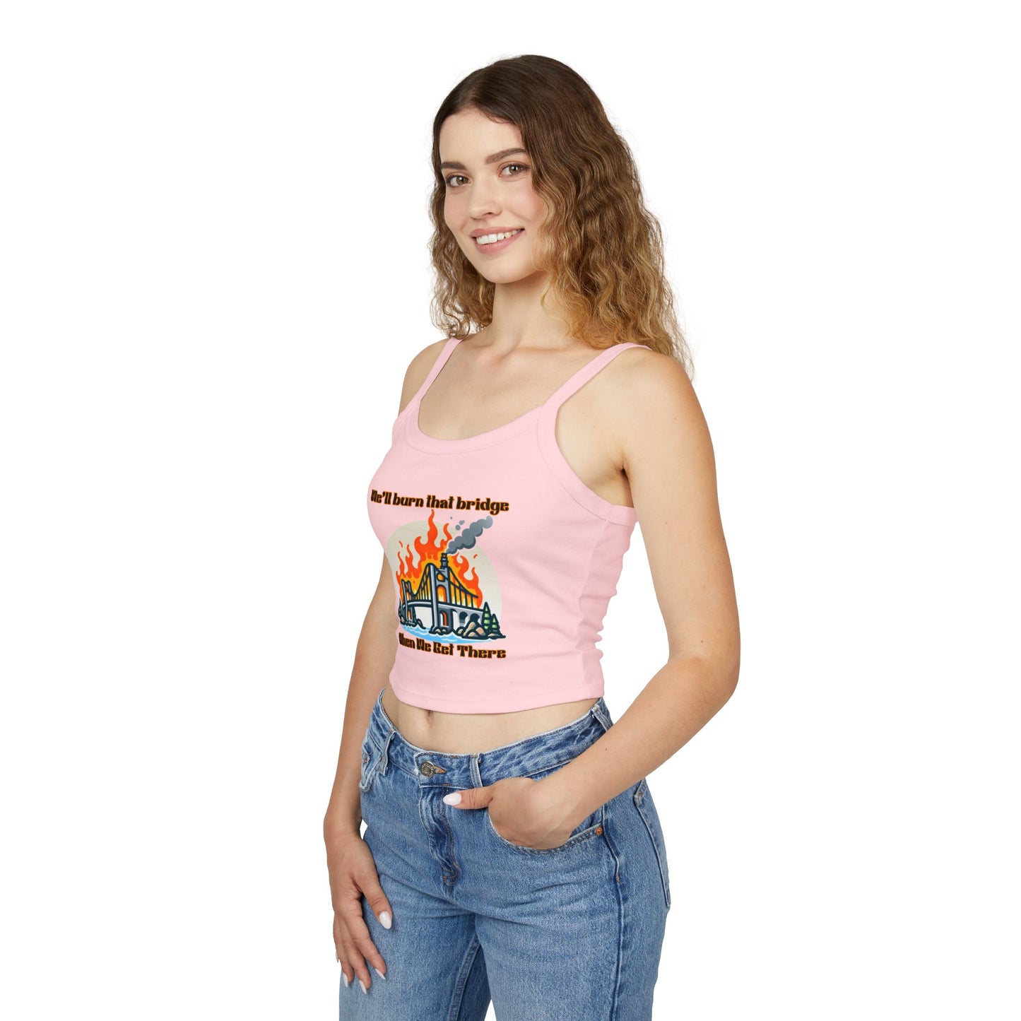 Fire Bridge Graphic Spaghetti Strap Tank Top - Casual Summer Apparel for Fun Days Out
