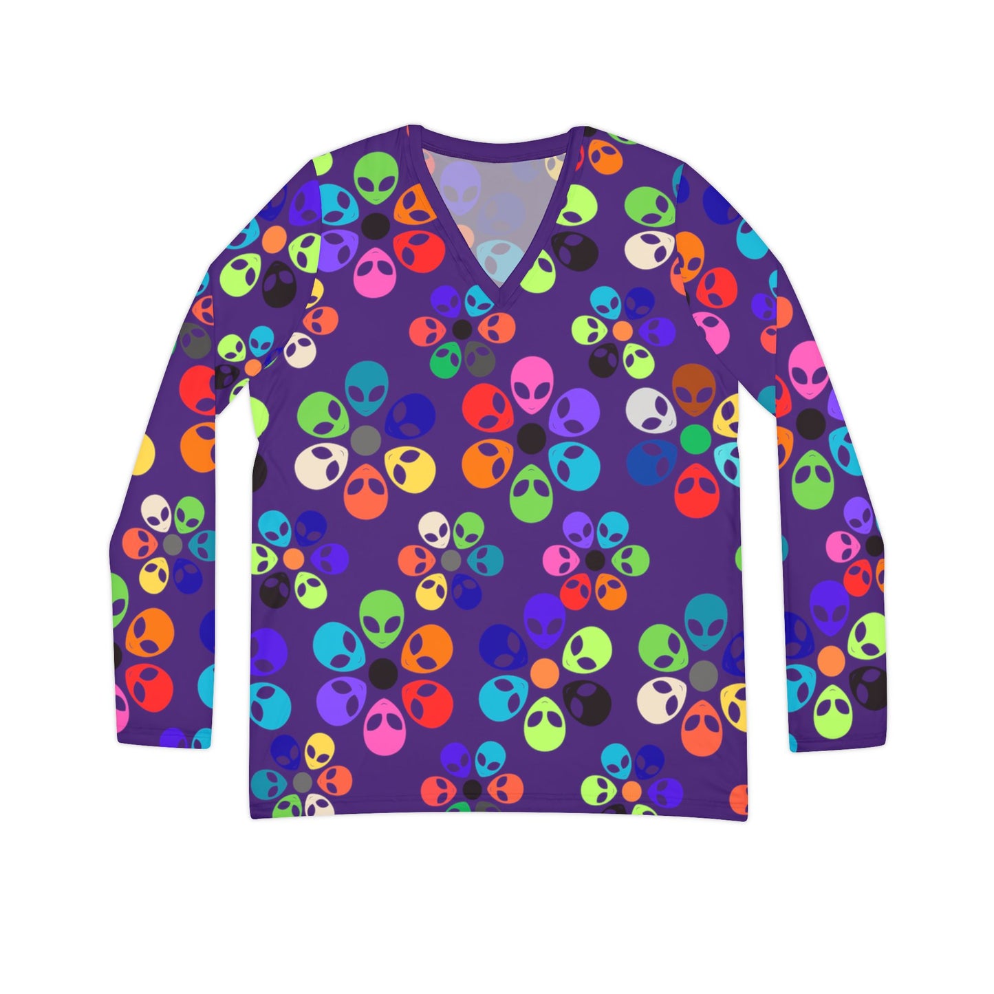 Colorful Alien Print Womens Long Sleeve VNeck Shirt Fun VNeck Tee Boho Style Top Unique Gift for SciFi Lovers Casual Everyday Wear Alien Rainbow Flowers Purple