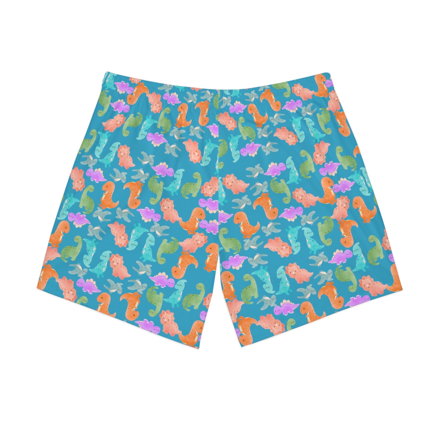 Colorful Dino Beach Shorts for Men Summertime Swimwear Vacation Essentials Pool Party Attire Trendy Summer Apparel Rainbow Dinos Turquoise