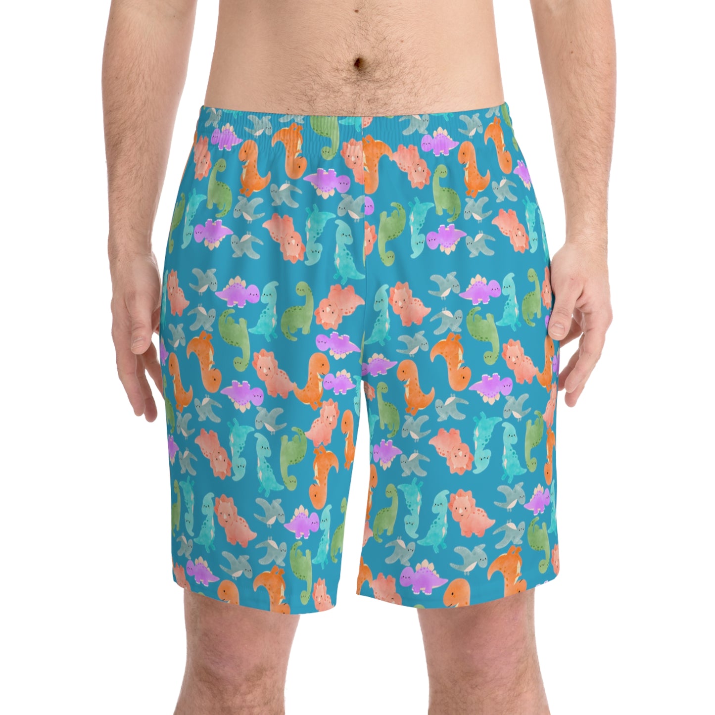 Colorful Dino Beach Shorts for Men Summertime Swimwear Vacation Essentials Pool Party Attire Trendy Summer Apparel Rainbow Dinos Turquoise