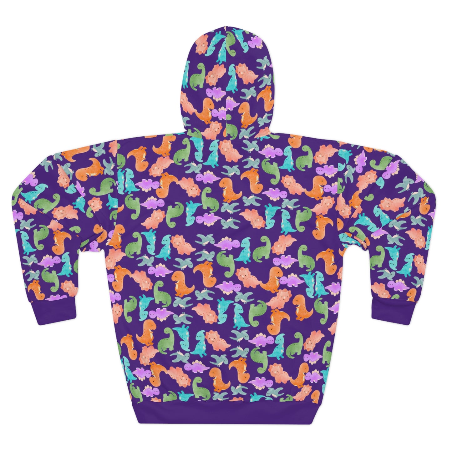 Colorful Dino Unisex Pullover Hoodie Cozy Beach Vibe Sweatshirt Gift for Ocean Lovers Fun Casual Wear Homewear Rainbow Dinos Purple