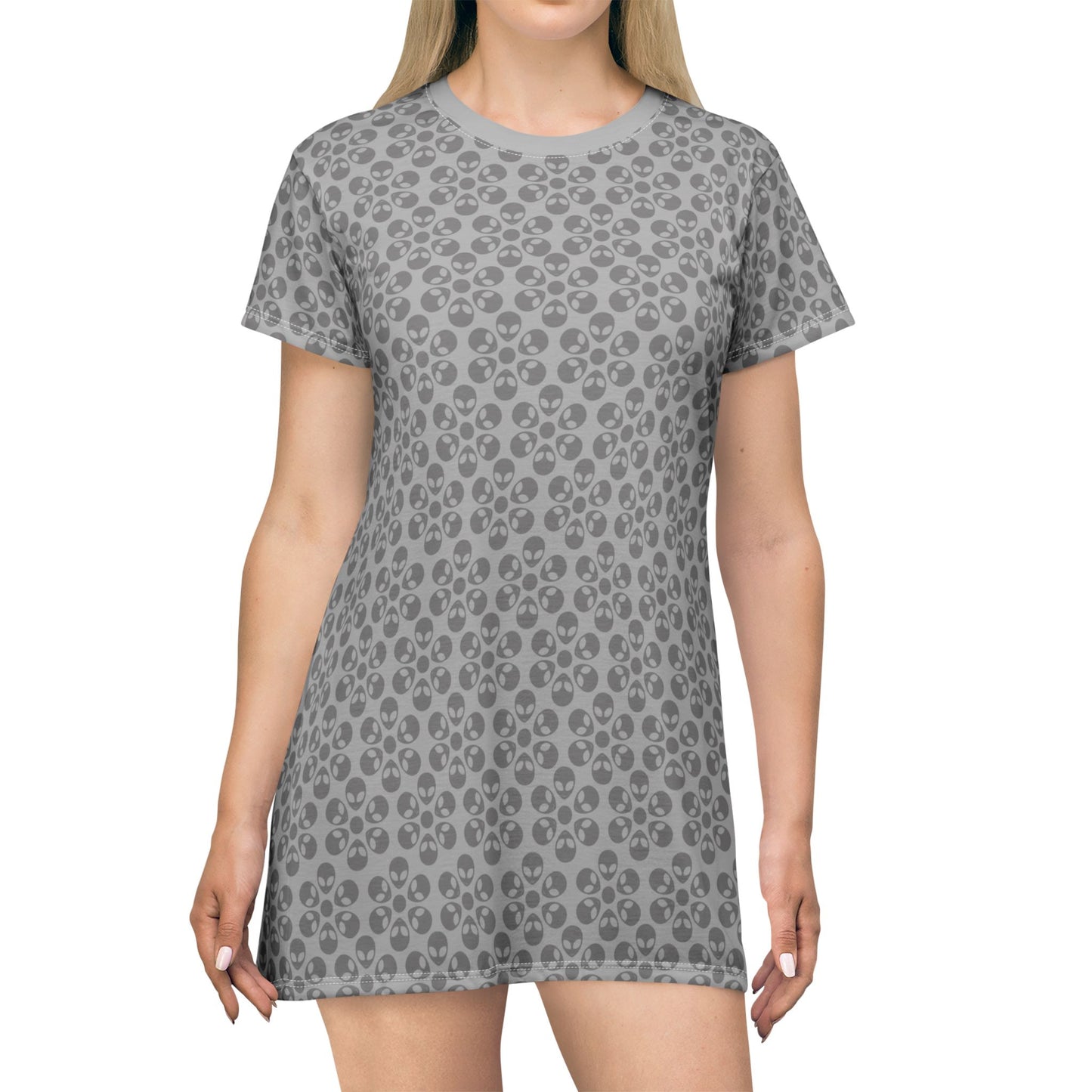 Floral Pattern TShirt Dress Casual Summer Dress Cute Dress for Women Floral Print Dress Trendy Everyday Wear Perfect for Beach Alien Flowers Light Grey