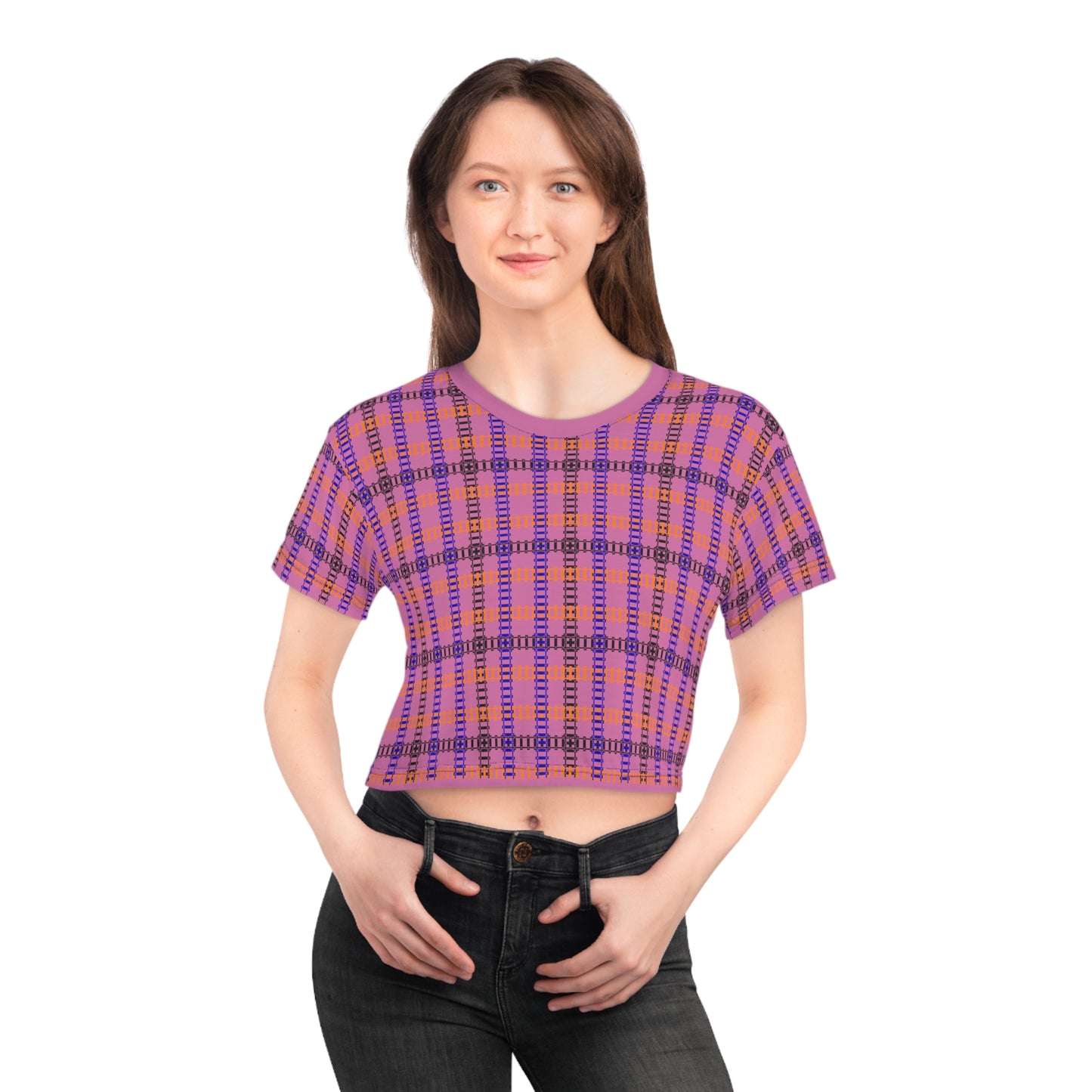 Trendy Patterned Crop Tee Casual Summer Top Gift for Her Festival Wear Stylish Weekend Outfits Train Tracks Light Pink
