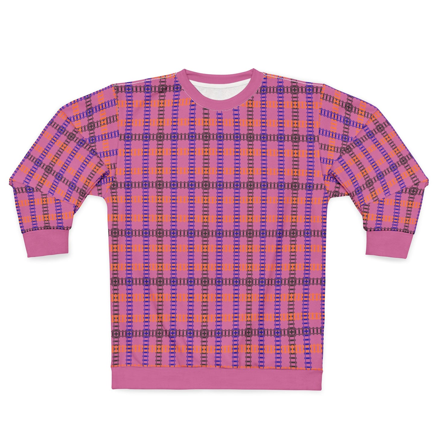 Cozy Plaid Unisex Sweatshirt Perfect for Fall Casual Wear Gift for Him/Her Halloween Warm & Stylish Train Tracks Light Pink