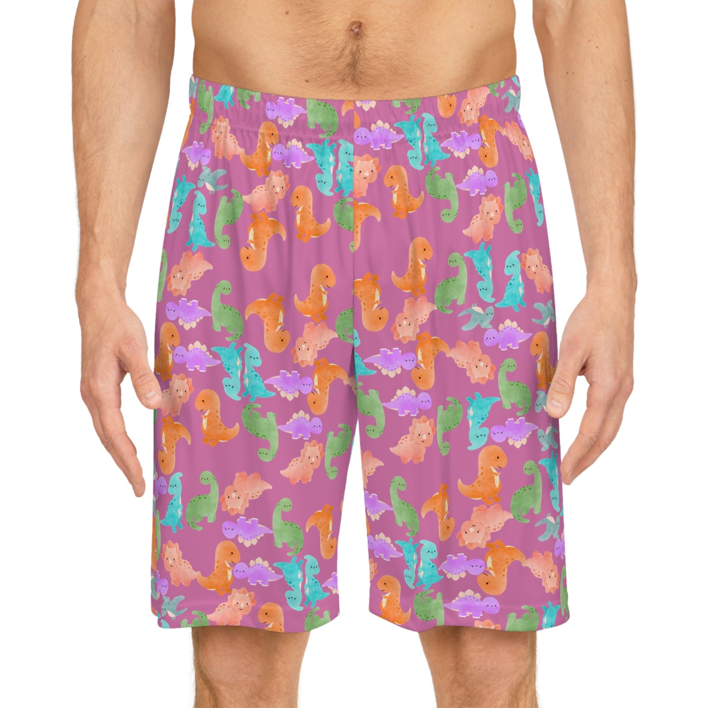 Whimsical Dinosaur Basketball Shorts Fun Playwear Summer Sports Kids Activewear Unique Gifts Playful Outfit Rainbow Dinos Light Pink