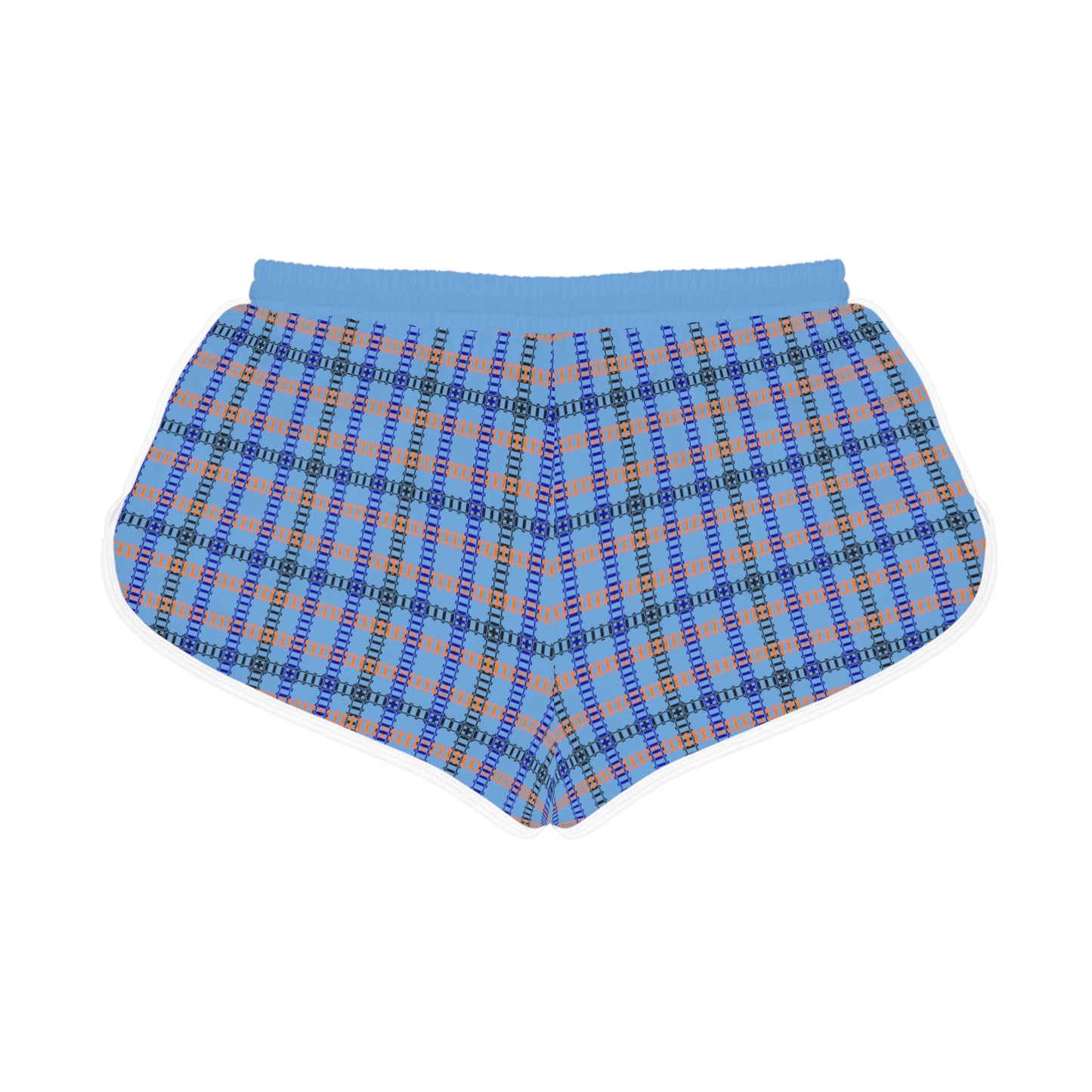 Cozy Casual Womens Shorts Perfect for Summer Days Lounging Beach or Sleepwear AOP Plaid Design Train Tracks Light Blue
