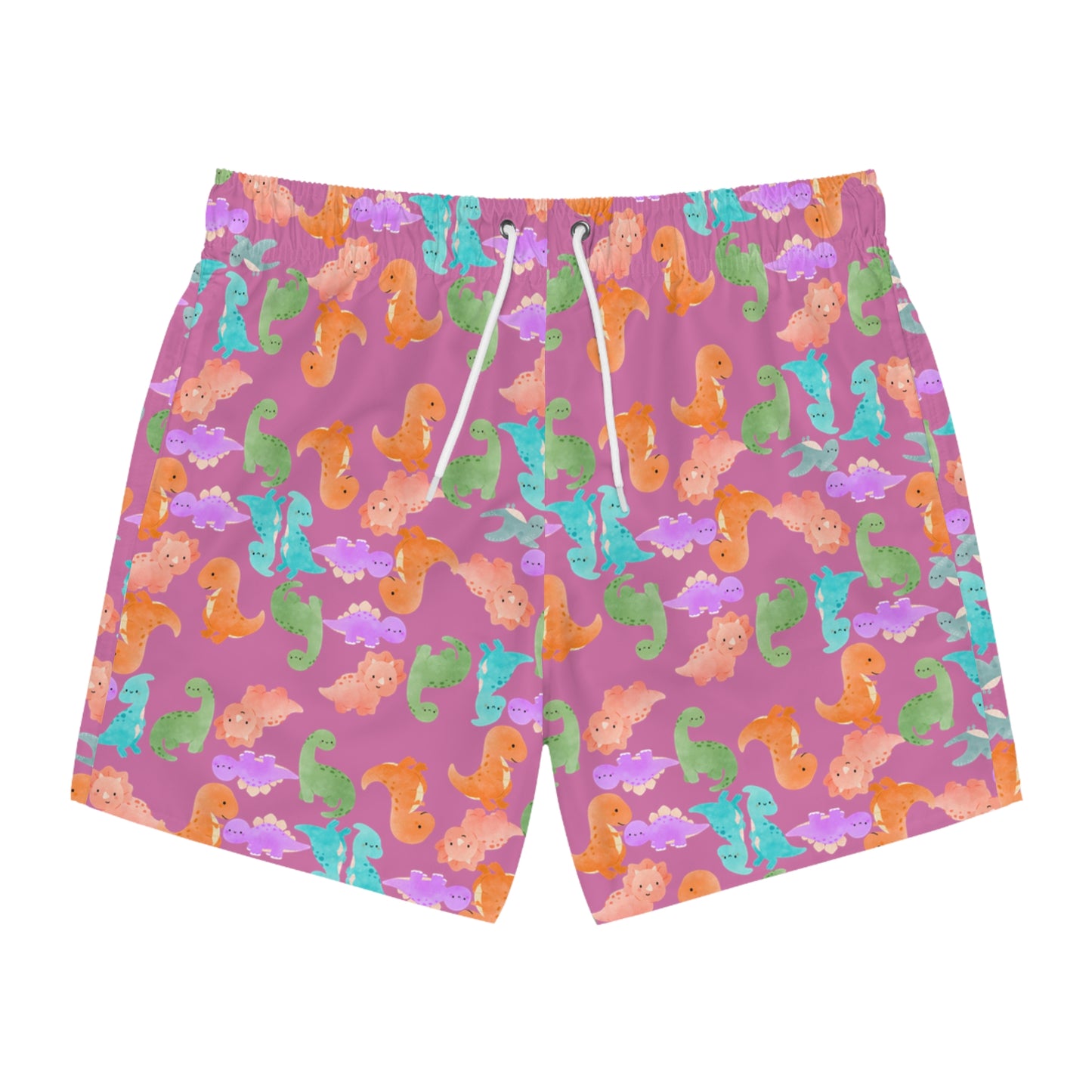Colorful Dinosaur Swim Trunks for Summer Fun Beachwear Pool Party Vacation Essentials Kids & Adults Swimwear Rainbow Dinos Light Pink