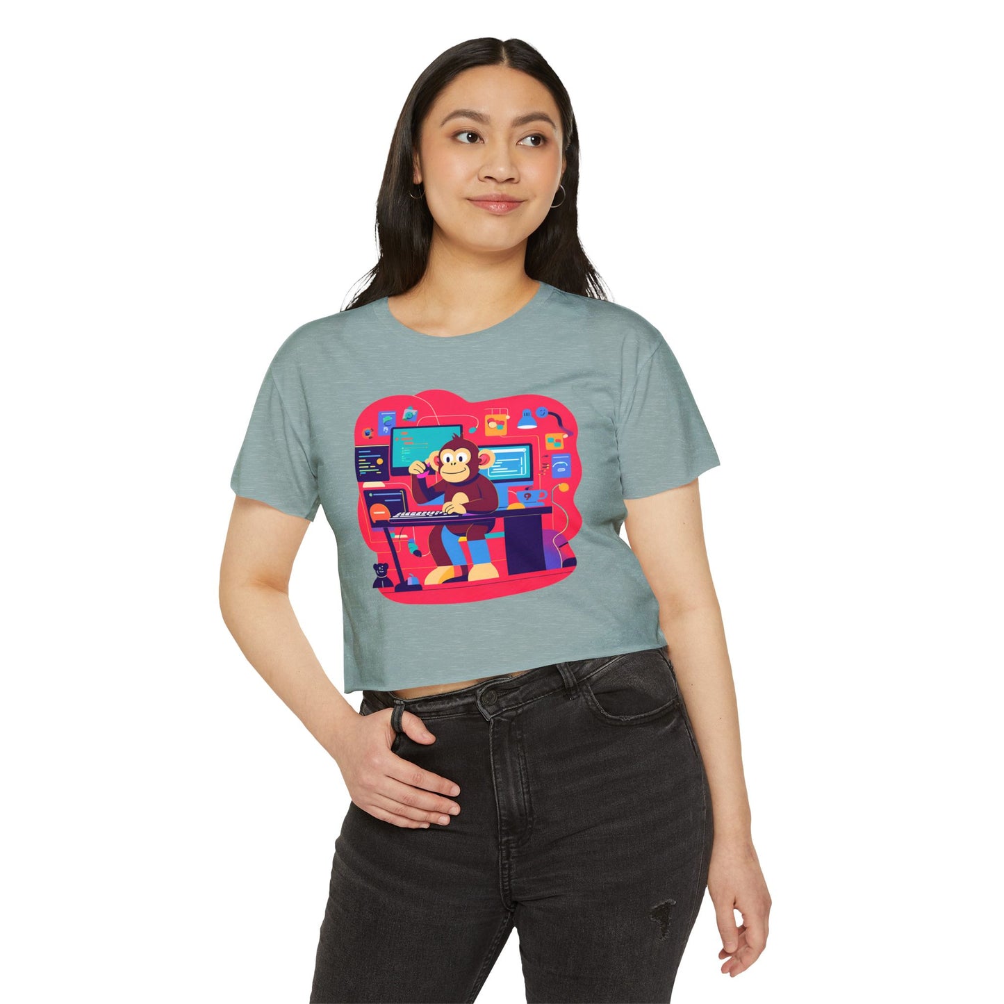 Colorful DJ Monkey Festival Crop Top, Music Festival Shirt, Summer Party Top, Gift for Festival Lovers, Playful Unique T-Shirt