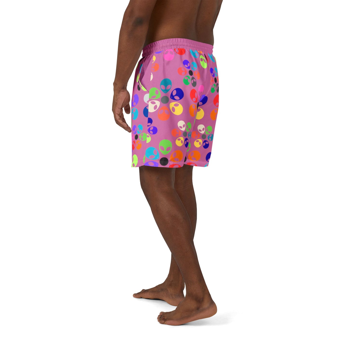 Colorful Alien Print Unisex Swim Shorts Beachwear Summer Style Pool Party Trendy Swim Trunks Vacation Swim Shorts Alien Rainbow Flowers Light Pink