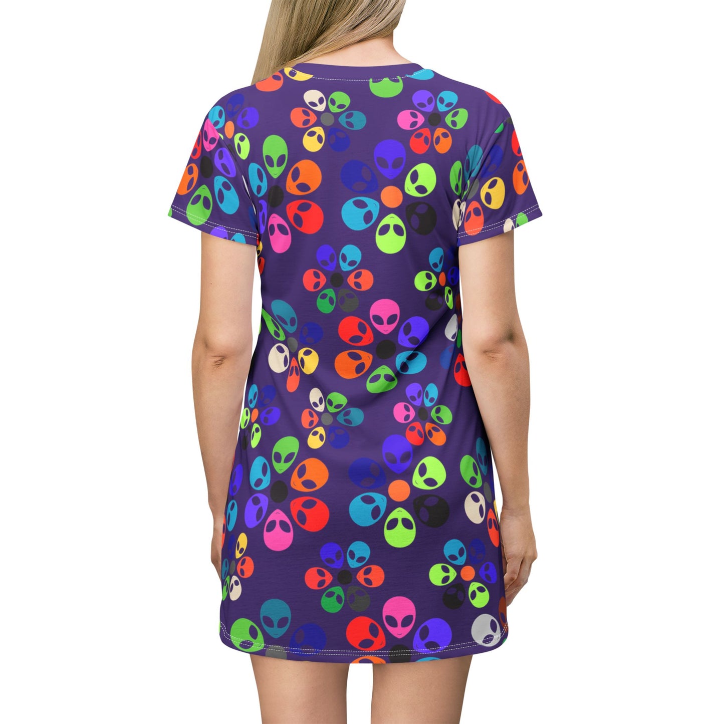 Colorful Alien TShirt Dress | Fun Casual Wear Summer Dress Festival Outfit Gift for UFO Lovers Unique Print Alien Rainbow Flowers Purple