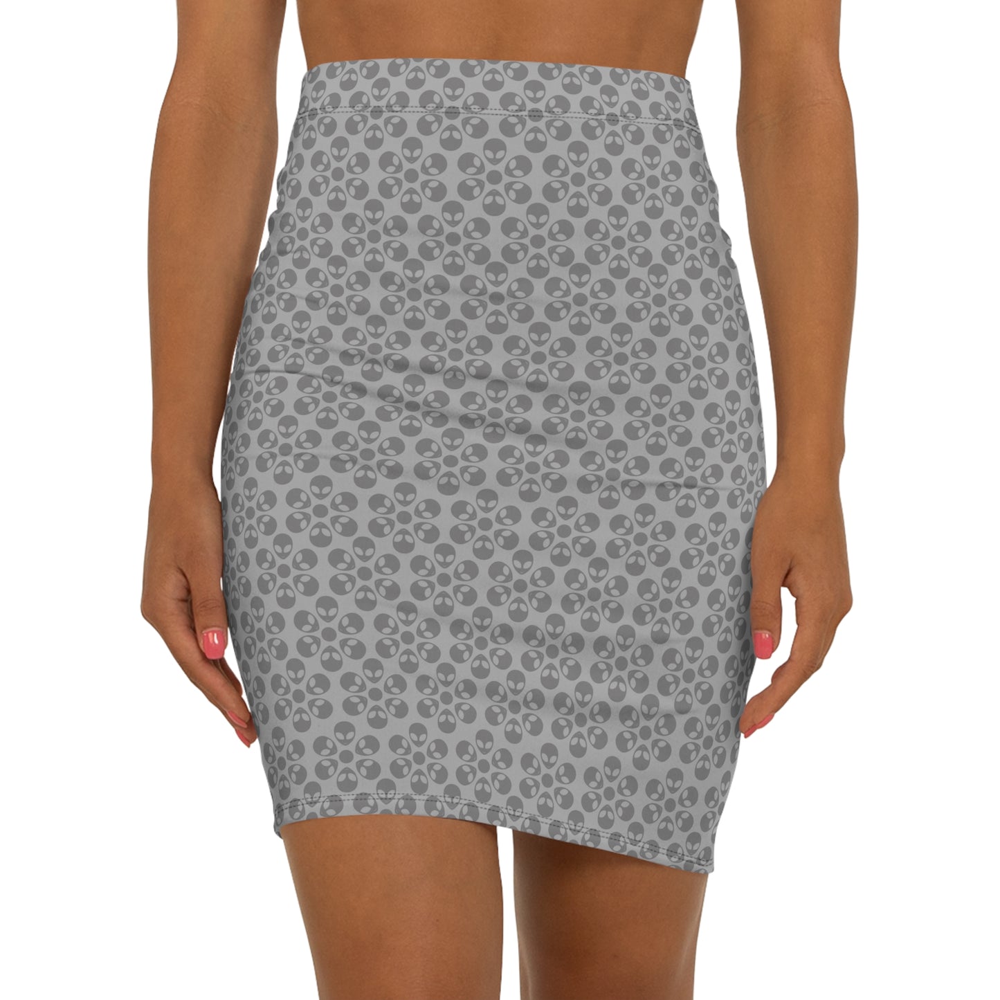 Womens MidWaist Pencil Skirt Alien Flowers Light Grey