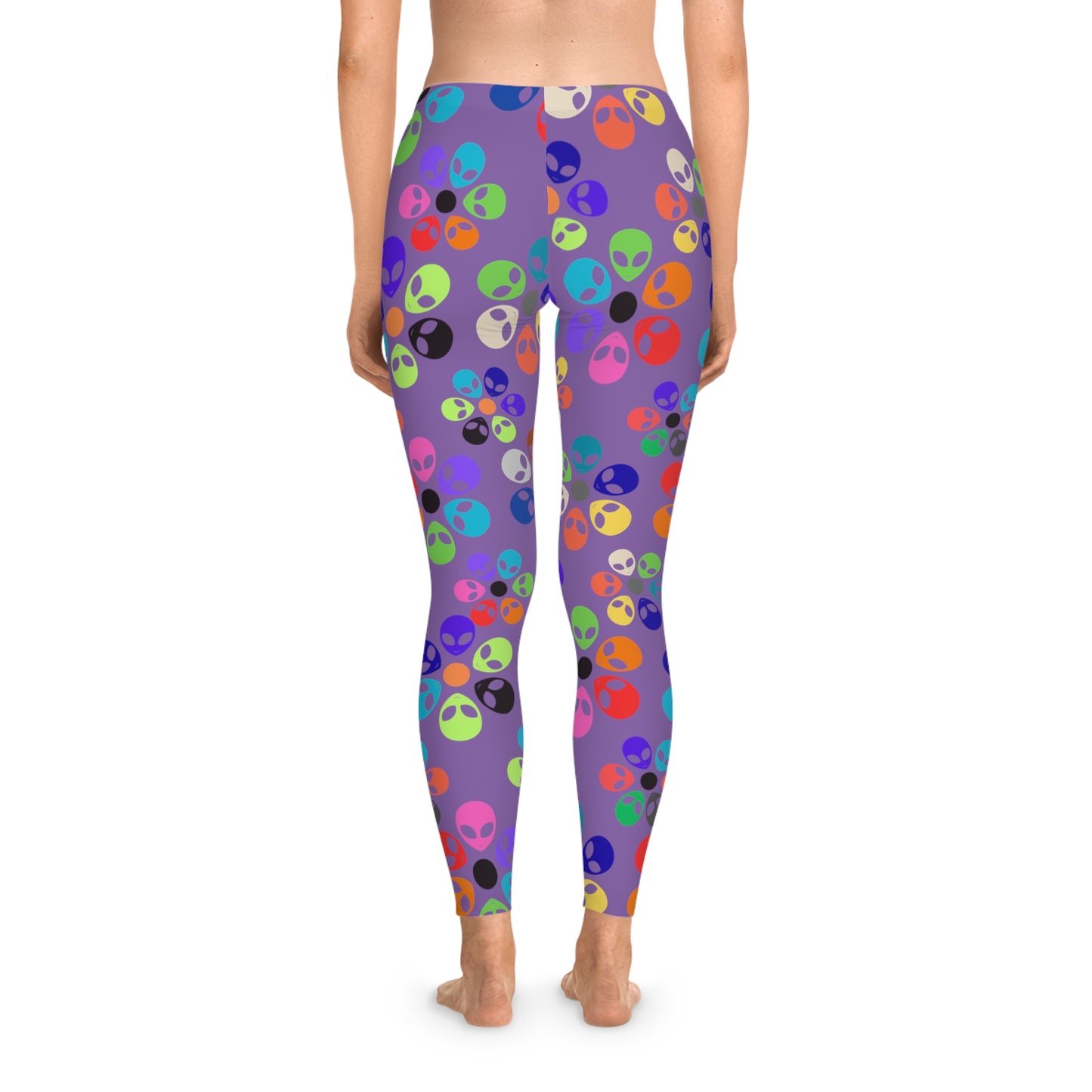 Colorful Alien Print Leggings Funky Fitness Tights Stretchy Activewear Fun Gym Leggings Quirky Casual Pants Gift for Alien Enthusiasts Alien Rainbow Flowers Light Purple