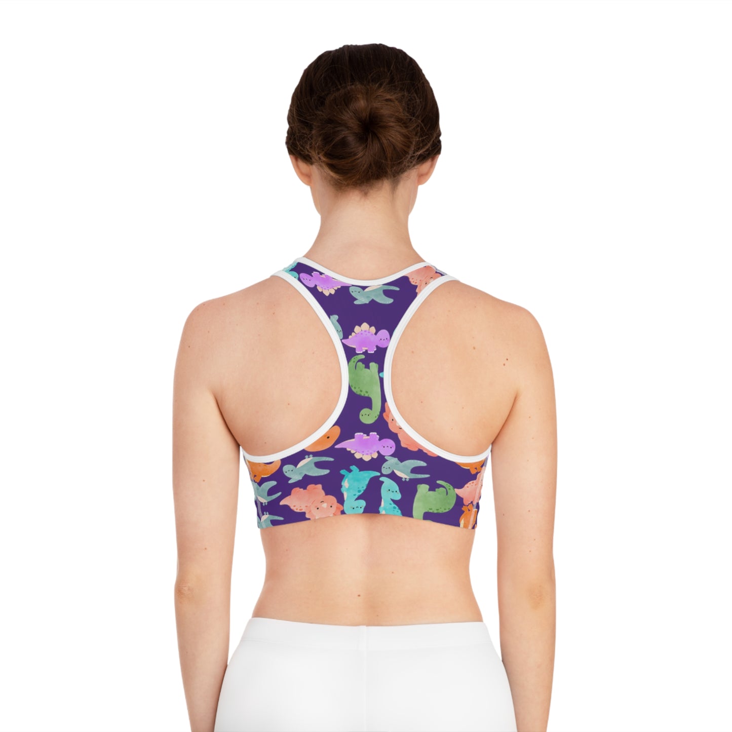 Colorful Dinosaur Print Sports Bra Cute Activewear Gym Top Fitness Wear Gifts for Her Workout Clothing Rainbow Dinos Purple