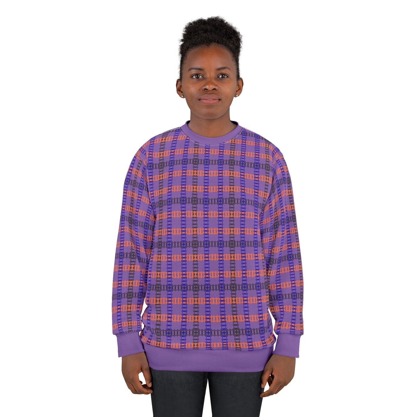 Cozy Plaid Unisex Sweatshirt Perfect for Fall Casual Wear Gift for Him/Her Halloween Warm & Stylish Train Tracks Light Purple