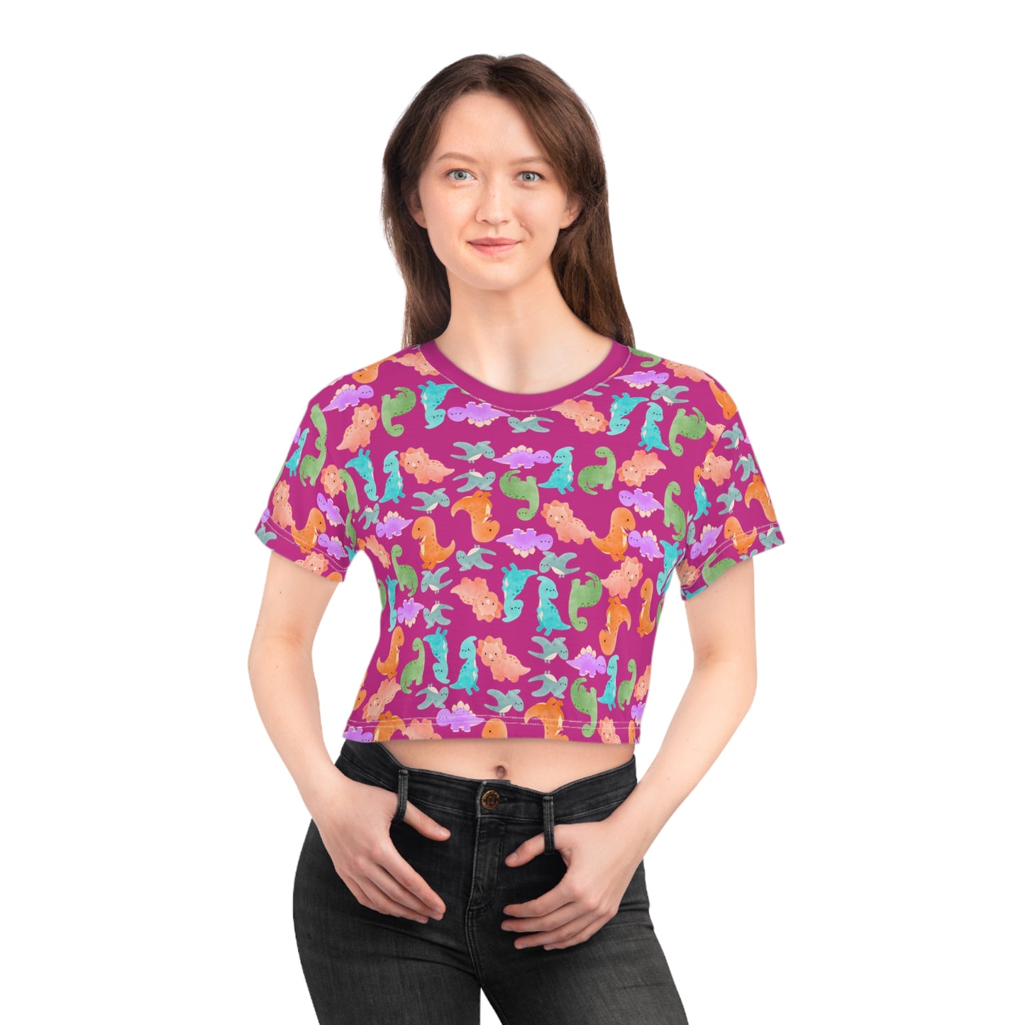 Whimsical Dinosaur Crop Tee for Kids Cheerful Summer Top Fun Gift for Dinosaur Lovers Playful TShirt for Birthdays Trendy Casual Wear Rainbow Dinos Pink