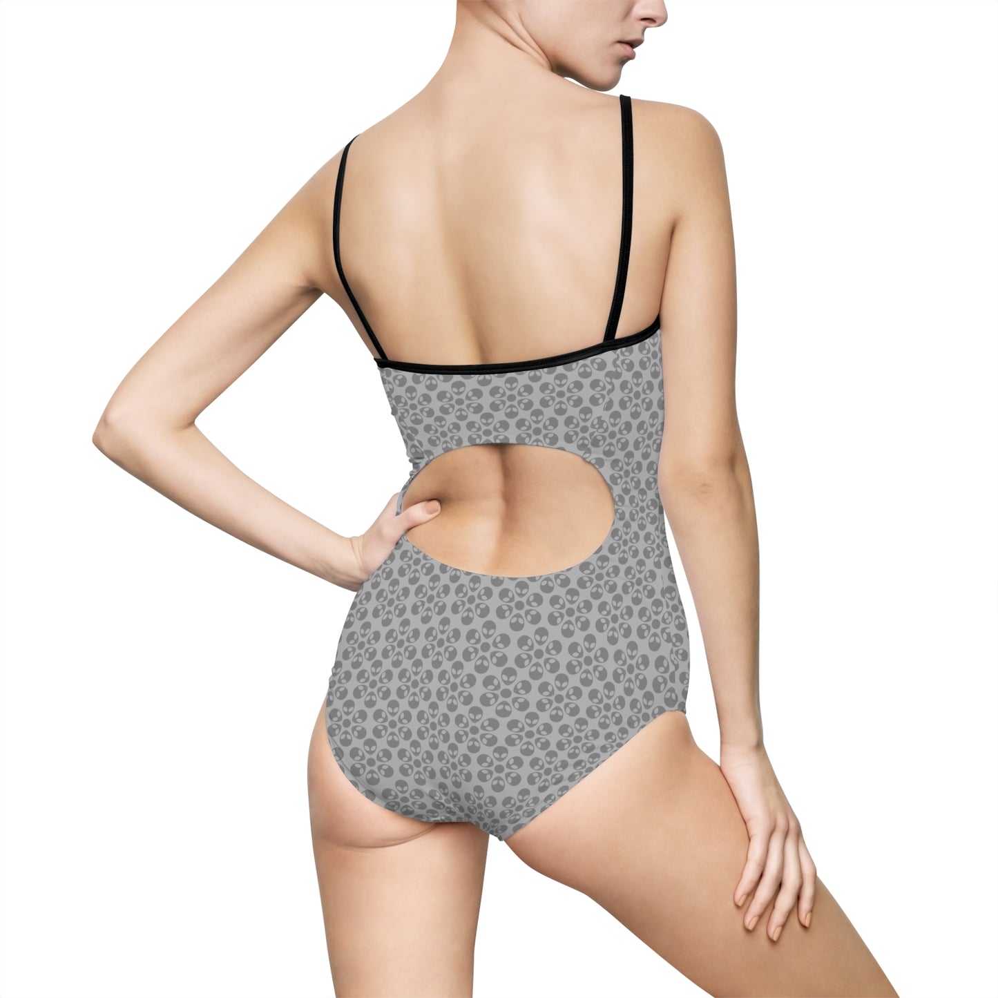 Womens Onepiece Swimsuit Alien Flowers Light Grey