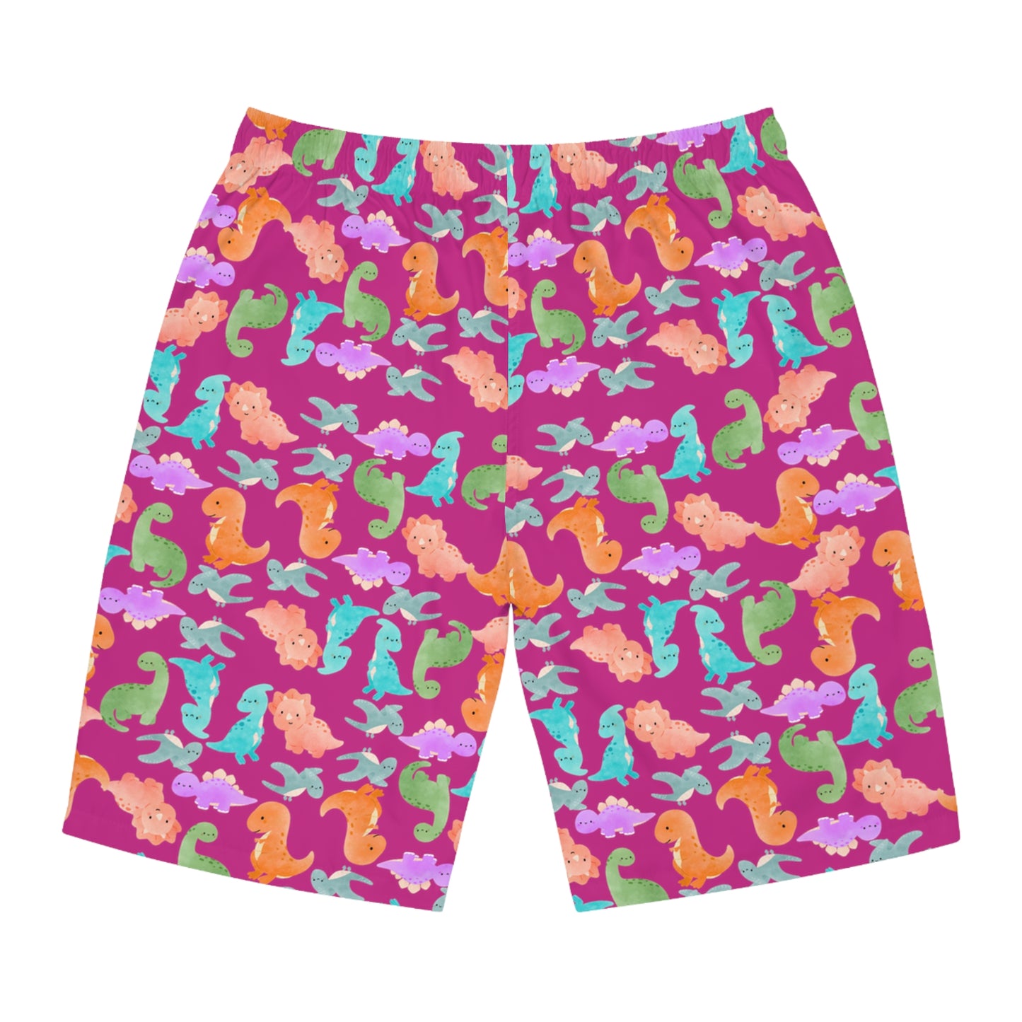 Dino Print Mens Board Shorts Summer Swimwear Beach Wear Vacation Essentials Gift for Him Rainbow Dinos Pink