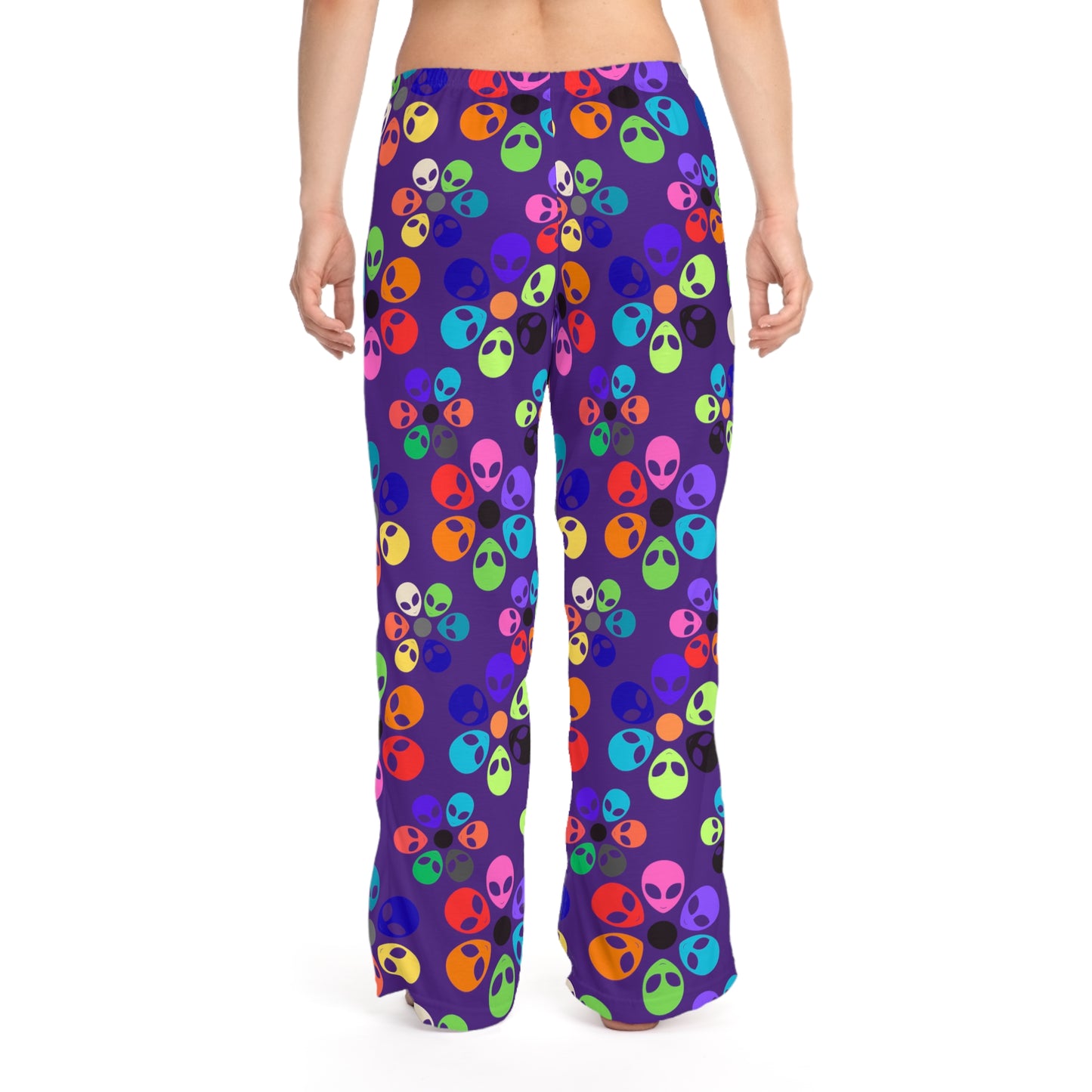 Colorful Alien Print Womens Pajama Pants Fun Loungewear Sleepwear for Alien Lovers Great Gift for Birthdays Relaxation Alien Rainbow Flowers Purple