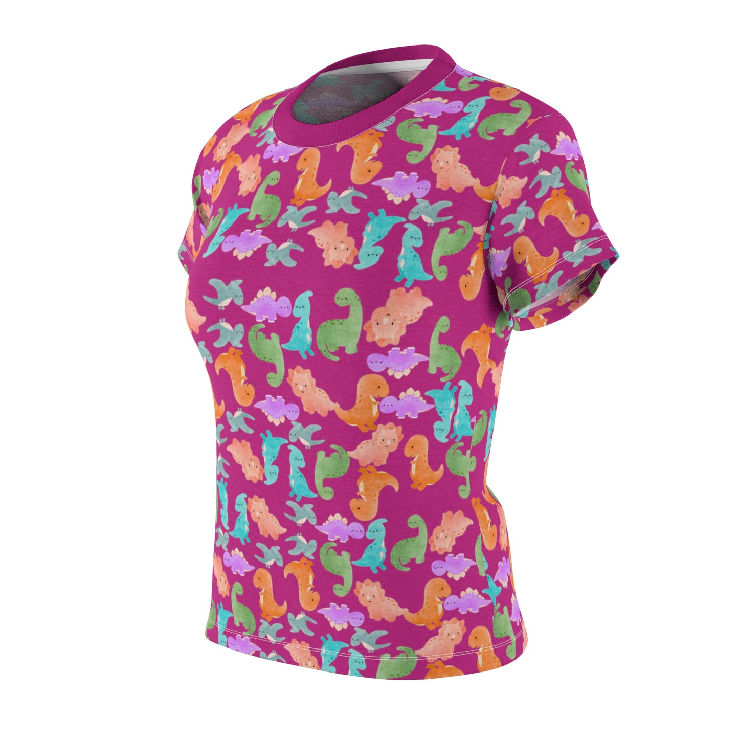 Colorful Dino Womens Tee Cute Summer Top Vibrant Casual Shirt Sea Animal Print Tee Gifts for Ocean Lovers Beachwear Rainbow Dinos Pink