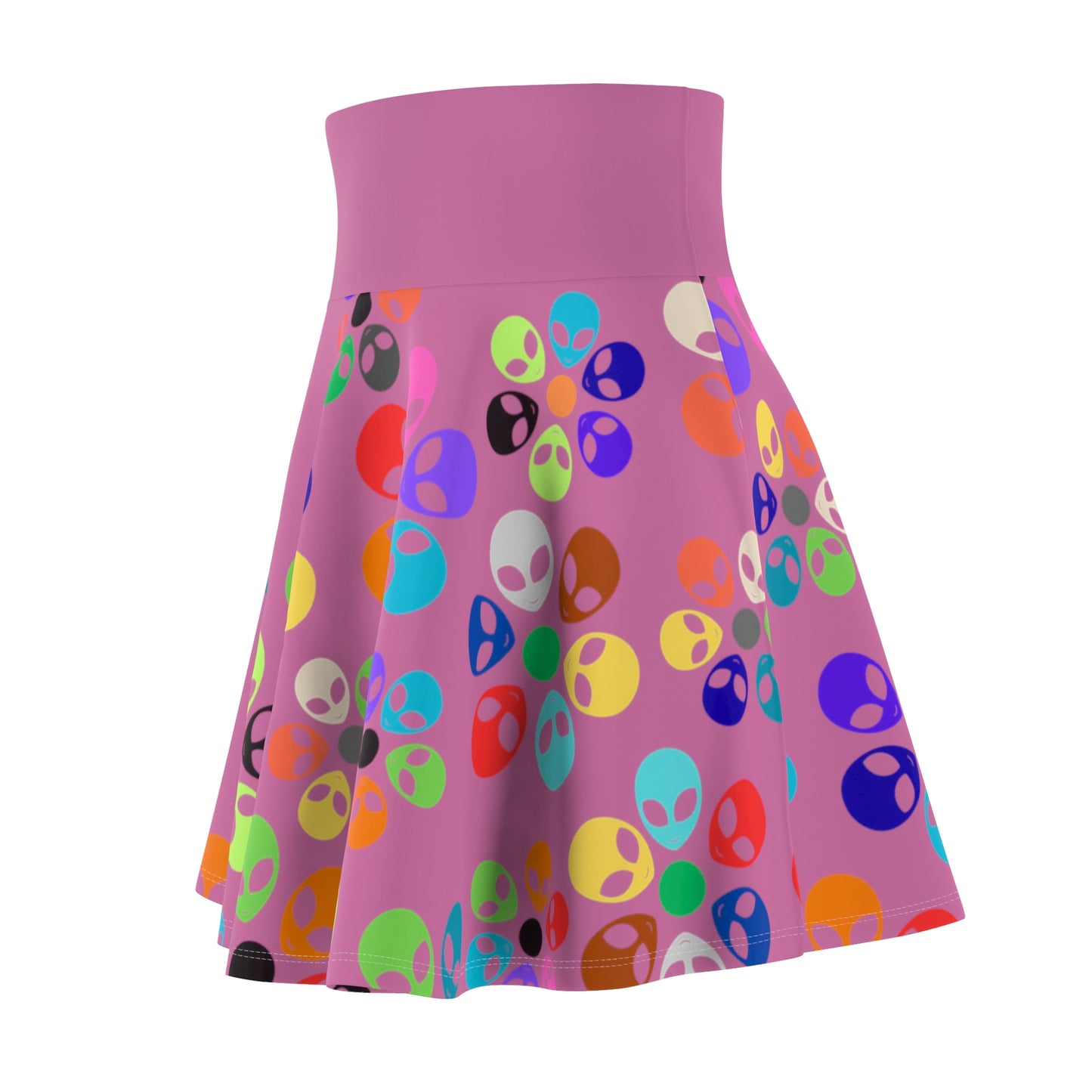Colorful Alien Print Womens Skater Skirt Fun Fashion Summer Vibes Festival Wear Unique Style Casual Skirts Gifts for Her Alien Rainbow Flowers Light Pink