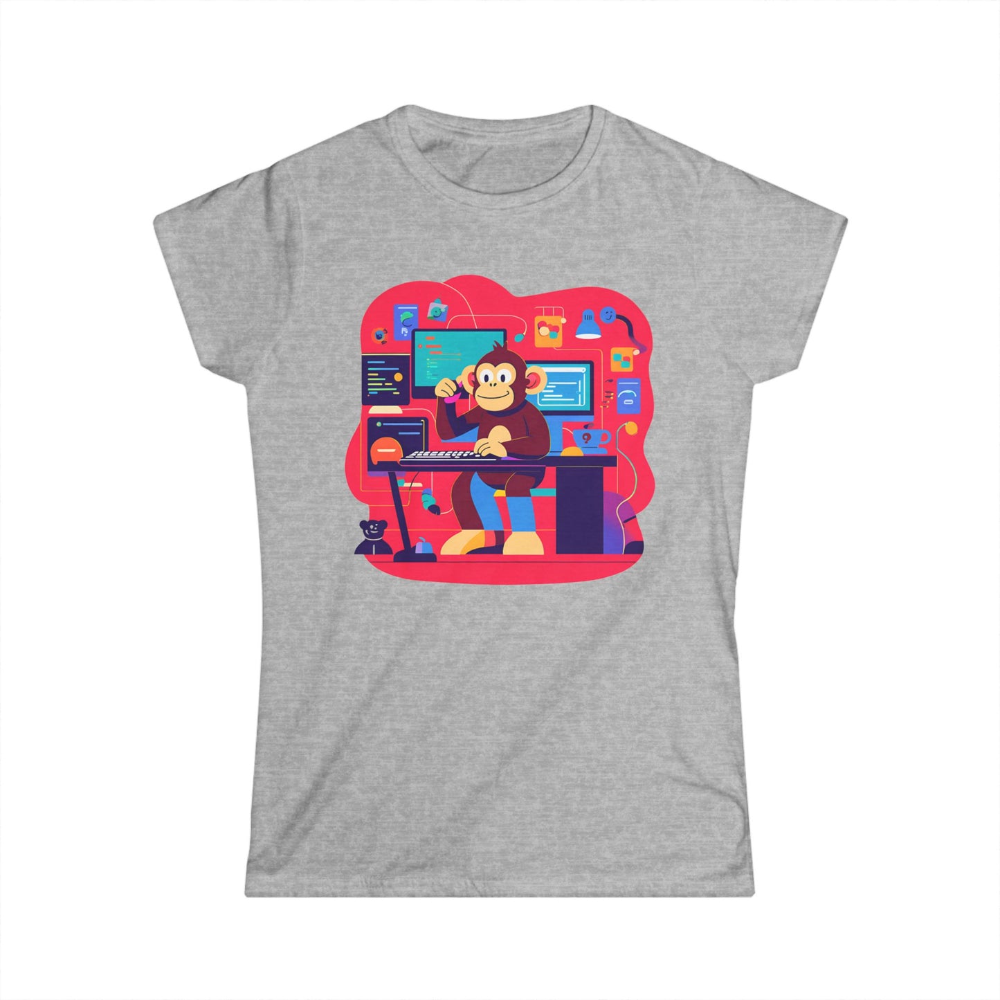 Cute Gamer Monkey Tee, Women's Gaming Shirt, Fun Softstyle Tee, Anime Style T-Shirt, Gift for Gamers, Cute Animal Apparel
