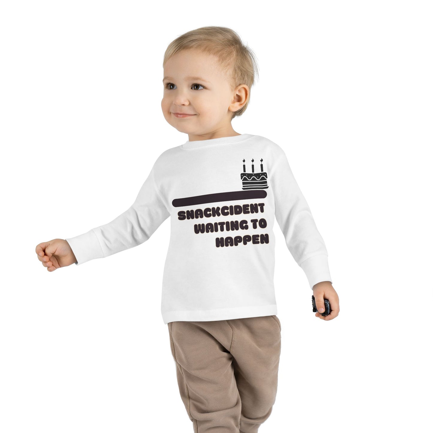 Snackcident Waiting to Happen Toddler Long Sleeve Tee | Cute Kids Shirt | Fun Gift for Birthdays, Playdates, Parties, Food Lovers