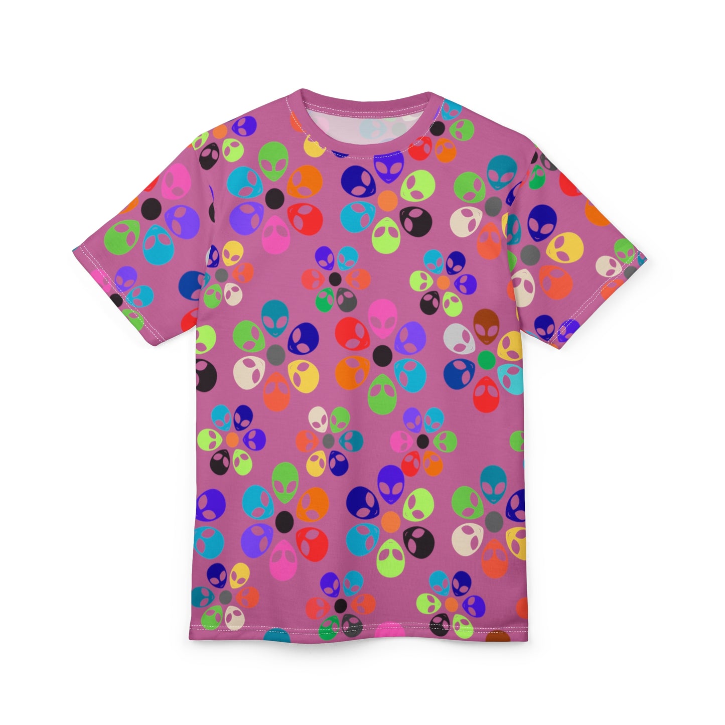 Colorful Alien Print Unisex TShirt Fun Graphic Tee Quirky Fashion Wear Gift for SciFi Lovers Trendy Casual Style Summer Apparel Alien Rainbow Flowers Light Pink