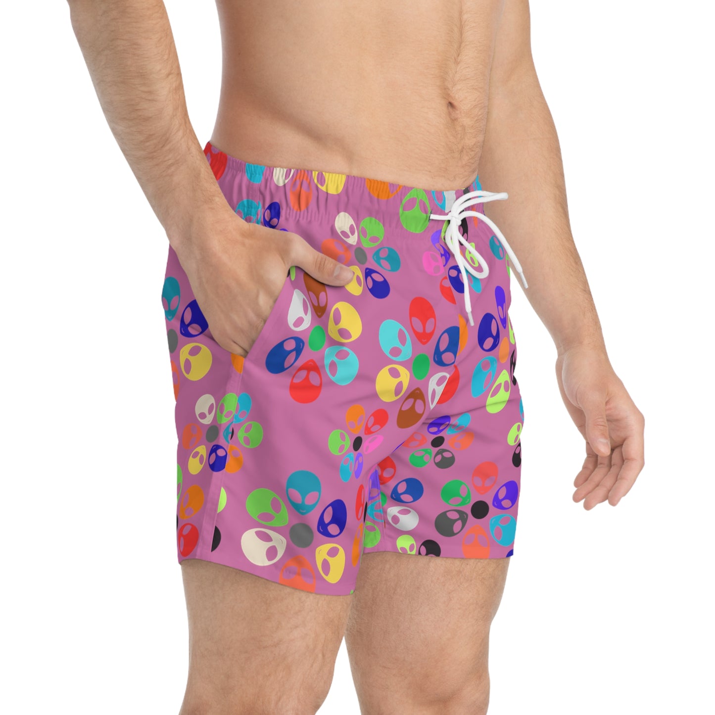 Colorful Alien Print Swim Trunks Fun Summer Beach Shorts Kids Swimwear Vacation Essentials Pool Party Attire Unique Summer Gift Alien Rainbow Flowers Light Pink