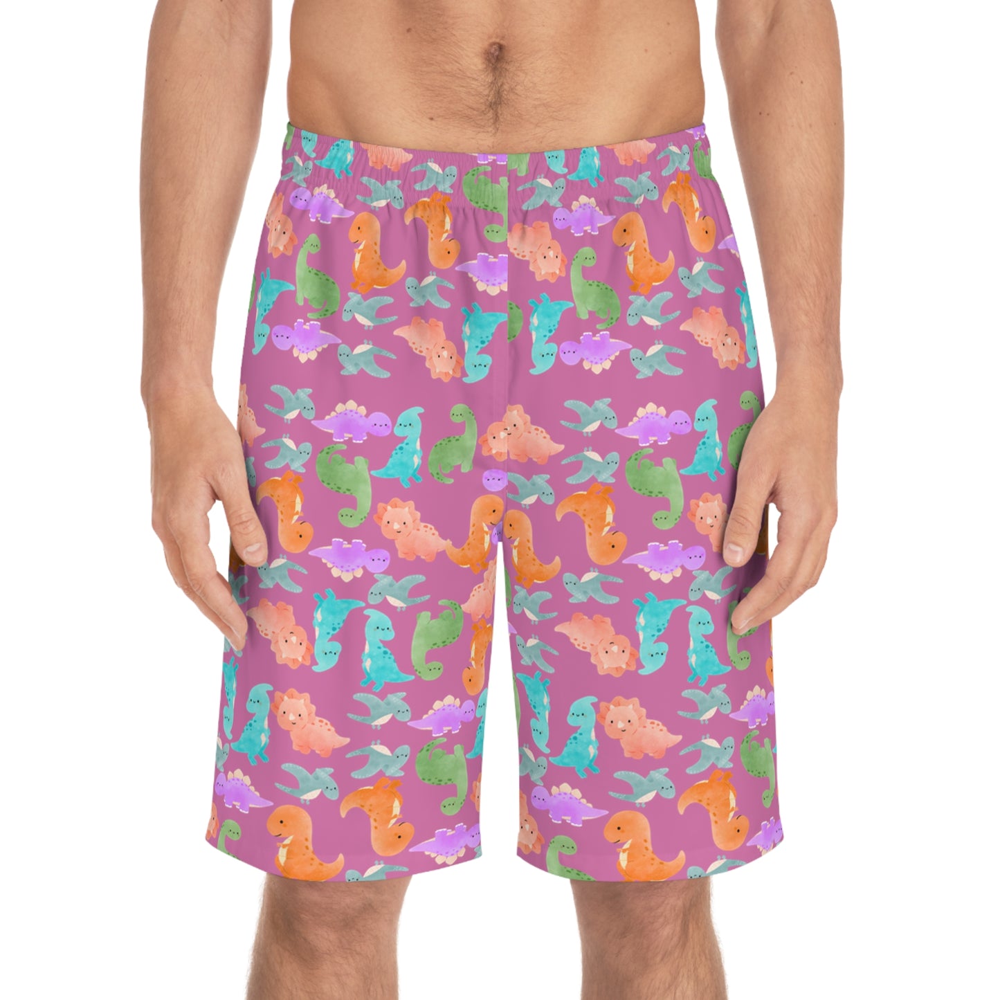 Dino Print Mens Board Shorts Summer Swimwear Beach Wear Vacation Essentials Gift for Him Rainbow Dinos Light Pink