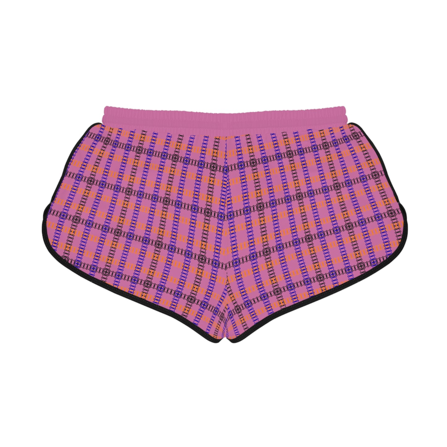 Cozy Casual Womens Shorts Perfect for Summer Days Lounging Beach or Sleepwear AOP Plaid Design Train Tracks Light Pink