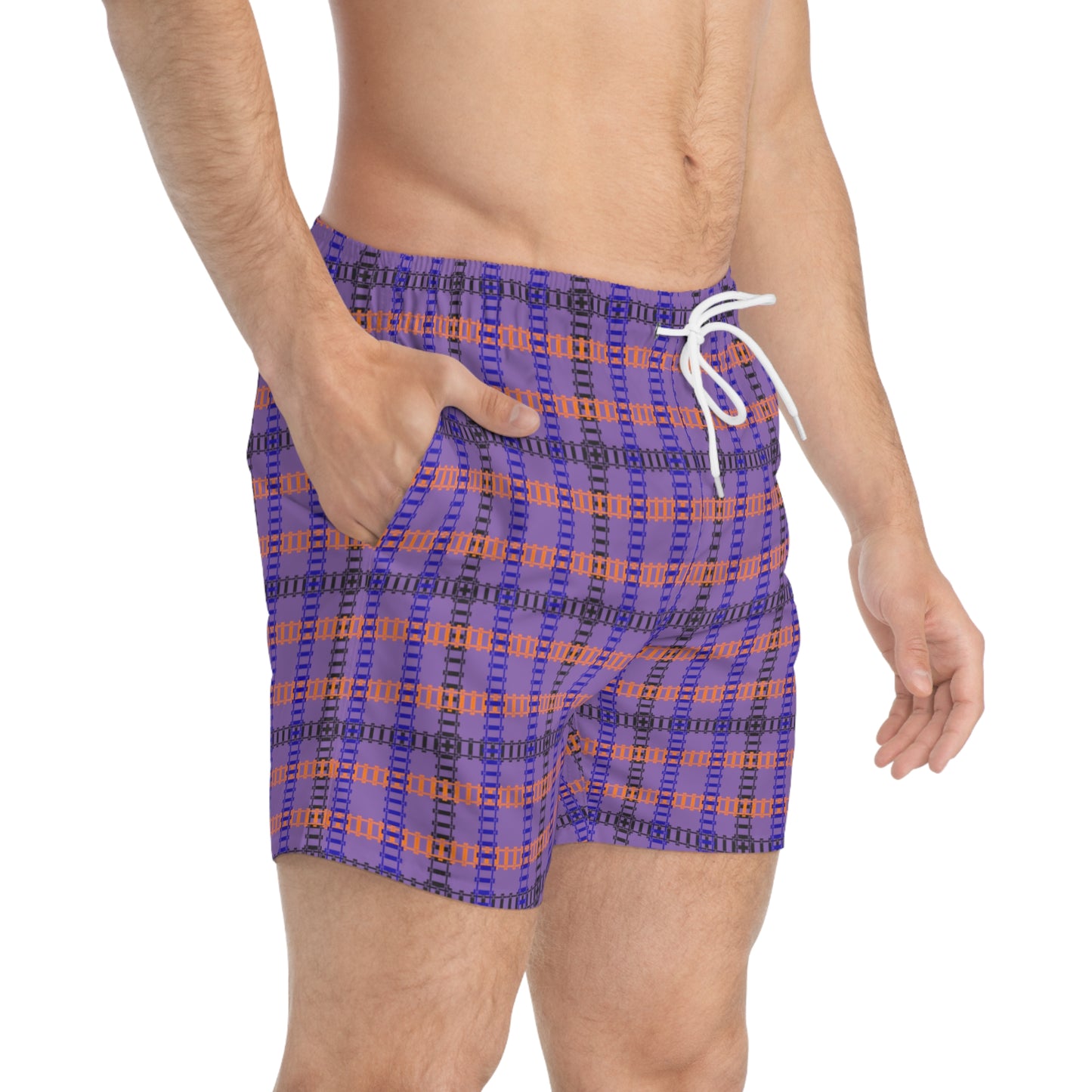 Vibrant Checkered Swim Trunks Beachwear for Summer Fun Vacation Essential Pool Party MustHave Mens Swim Shorts Train Tracks Light Purple