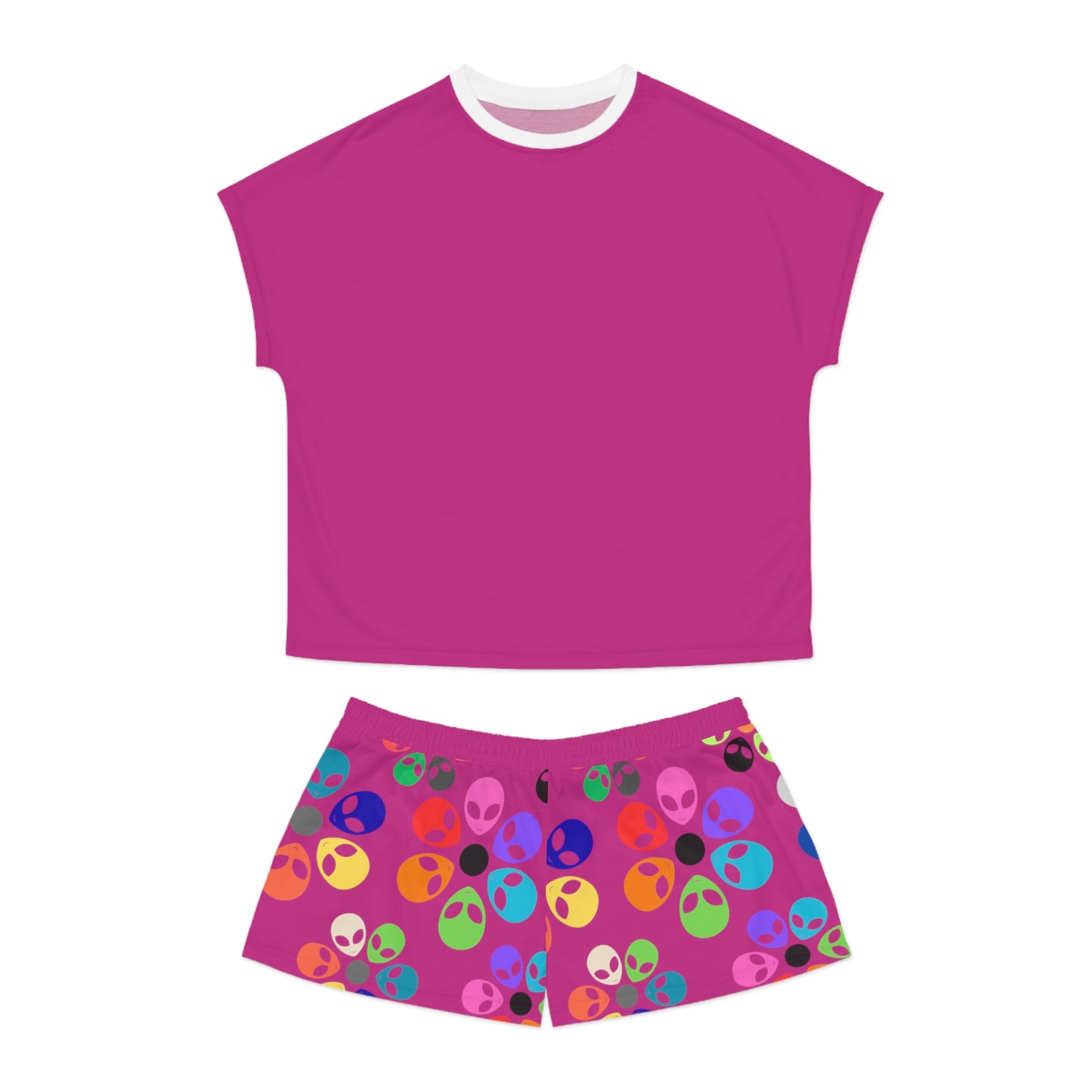 Colorful Alien Print Womens Pajama Set Fun Sleepwear for Teens Relaxing Nightwear Unique Gift for Space Lovers Cute Loungewear Alien Rainbow Flowers Pink