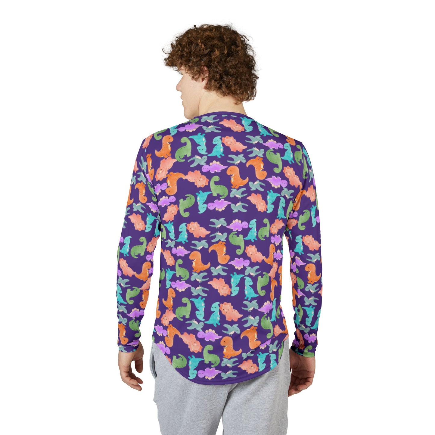 Colorful Dino UV Protection Shirt for Men | Long Sleeve Sun Shirt Outdoor Apparel Beachwear Vacation Top Summer Essentials Rainbow Dinos Purple