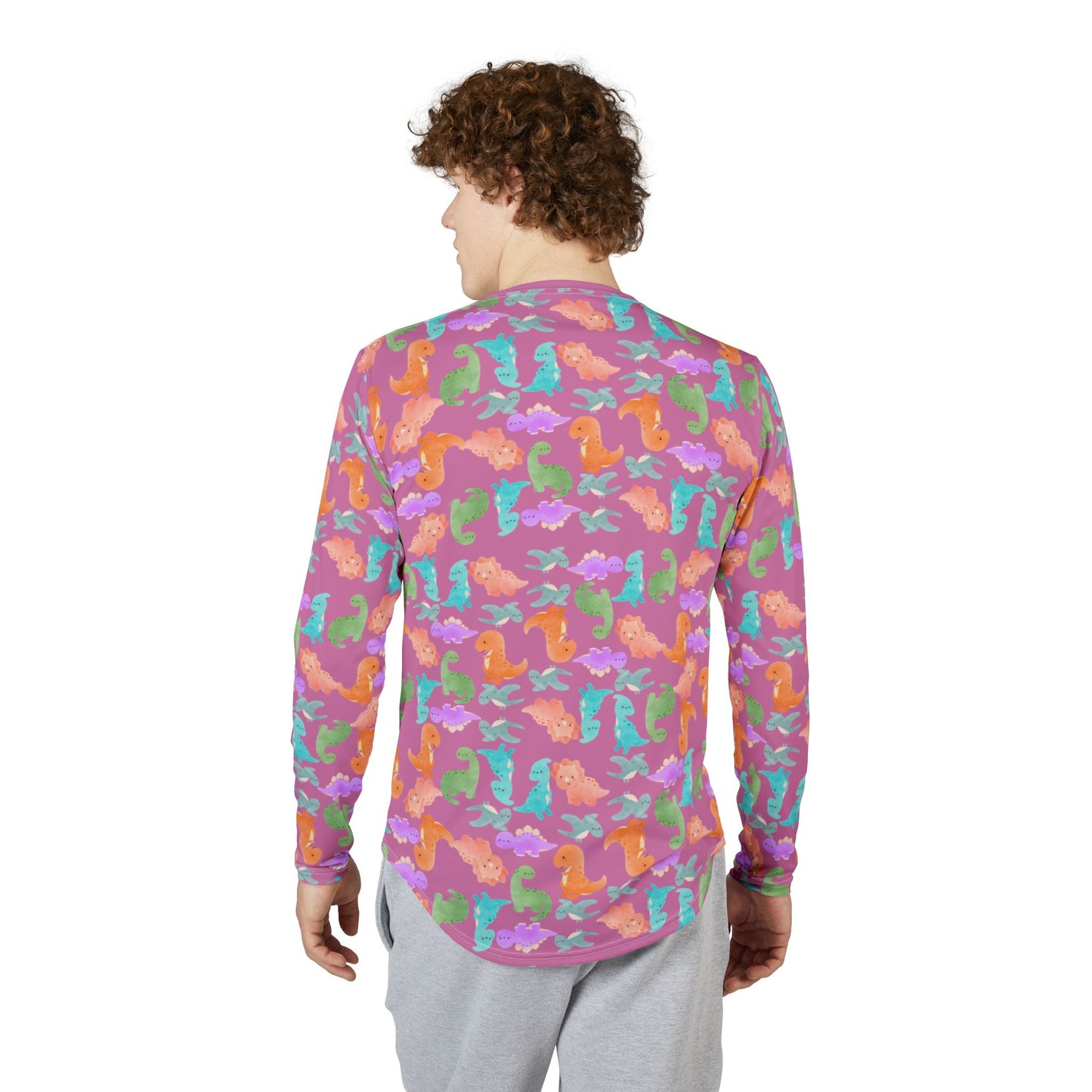 Colorful Dino UV Protection Shirt for Men | Long Sleeve Sun Shirt Outdoor Apparel Beachwear Vacation Top Summer Essentials Rainbow Dinos Light Pink
